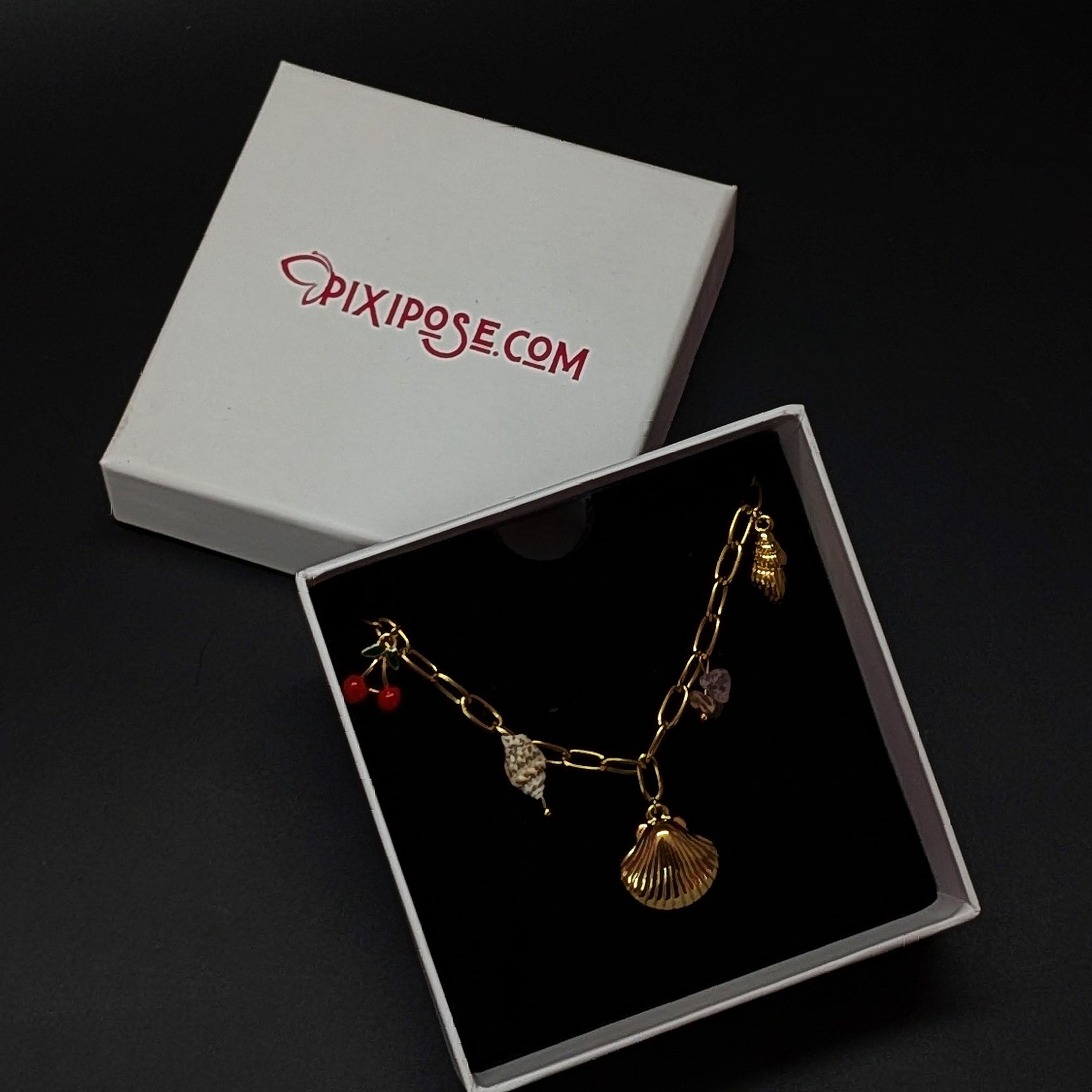 Gold Chain Charm Necklace with Seashells, Leaf & Cherry Accents