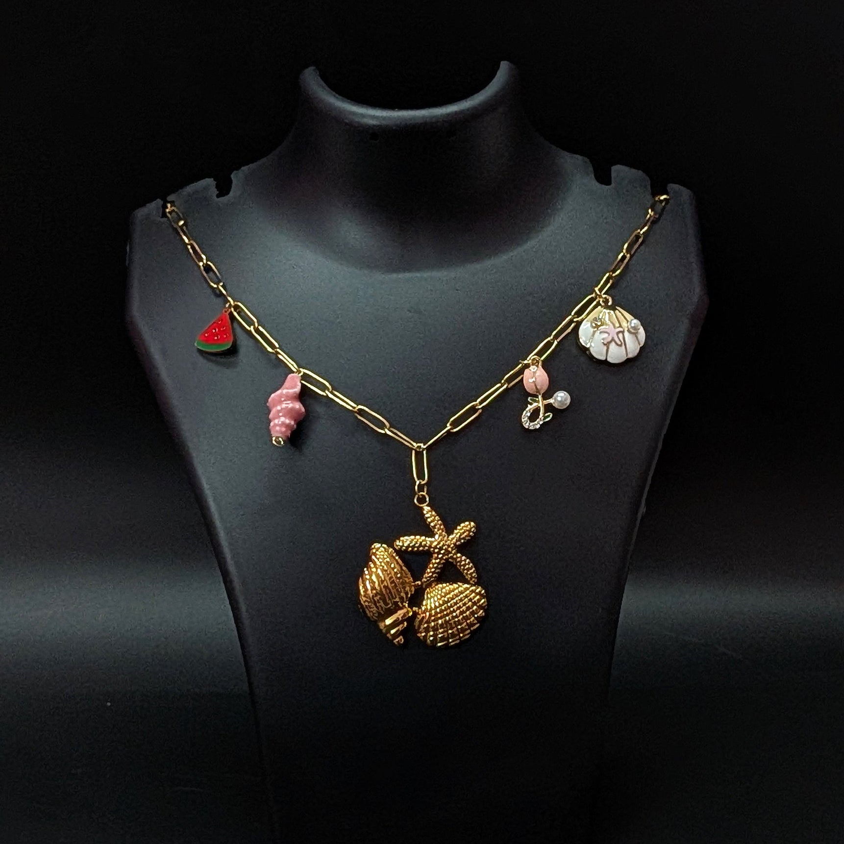 Golden Seashell Charm Necklace with Watermelon & Starfish Accents