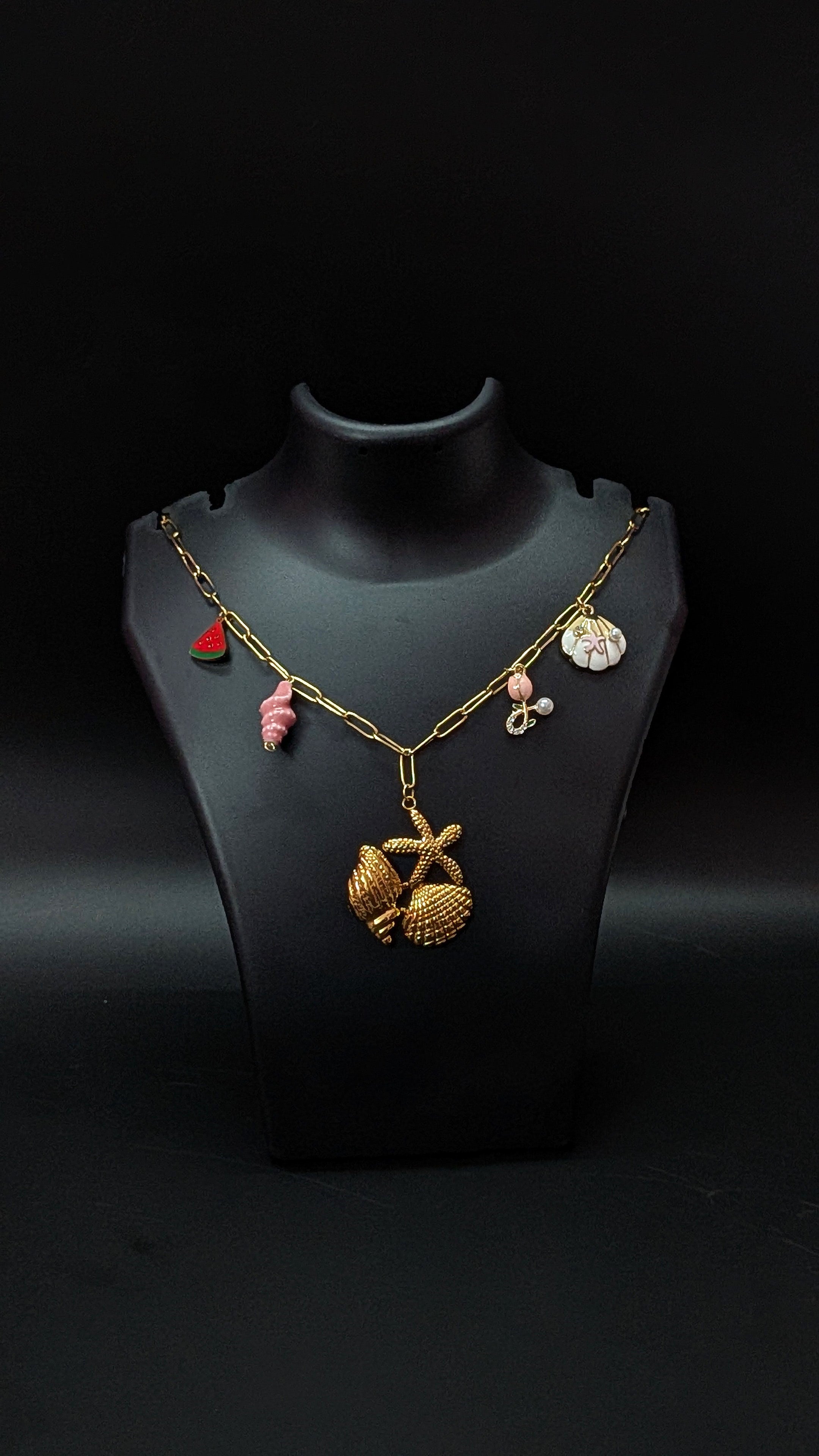 Golden Seashell Charm Necklace with Watermelon & Starfish Accents