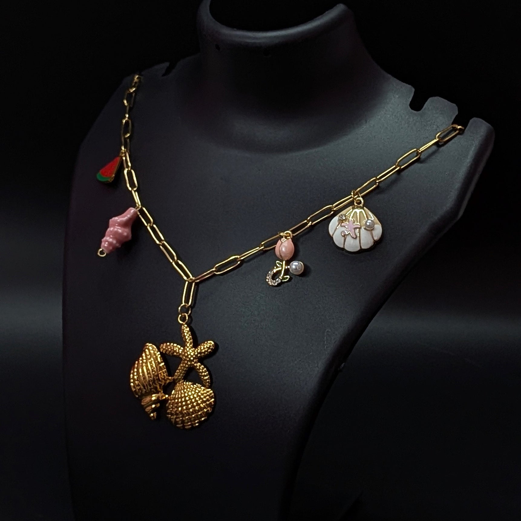 Golden Seashell Charm Necklace with Watermelon & Starfish Accents