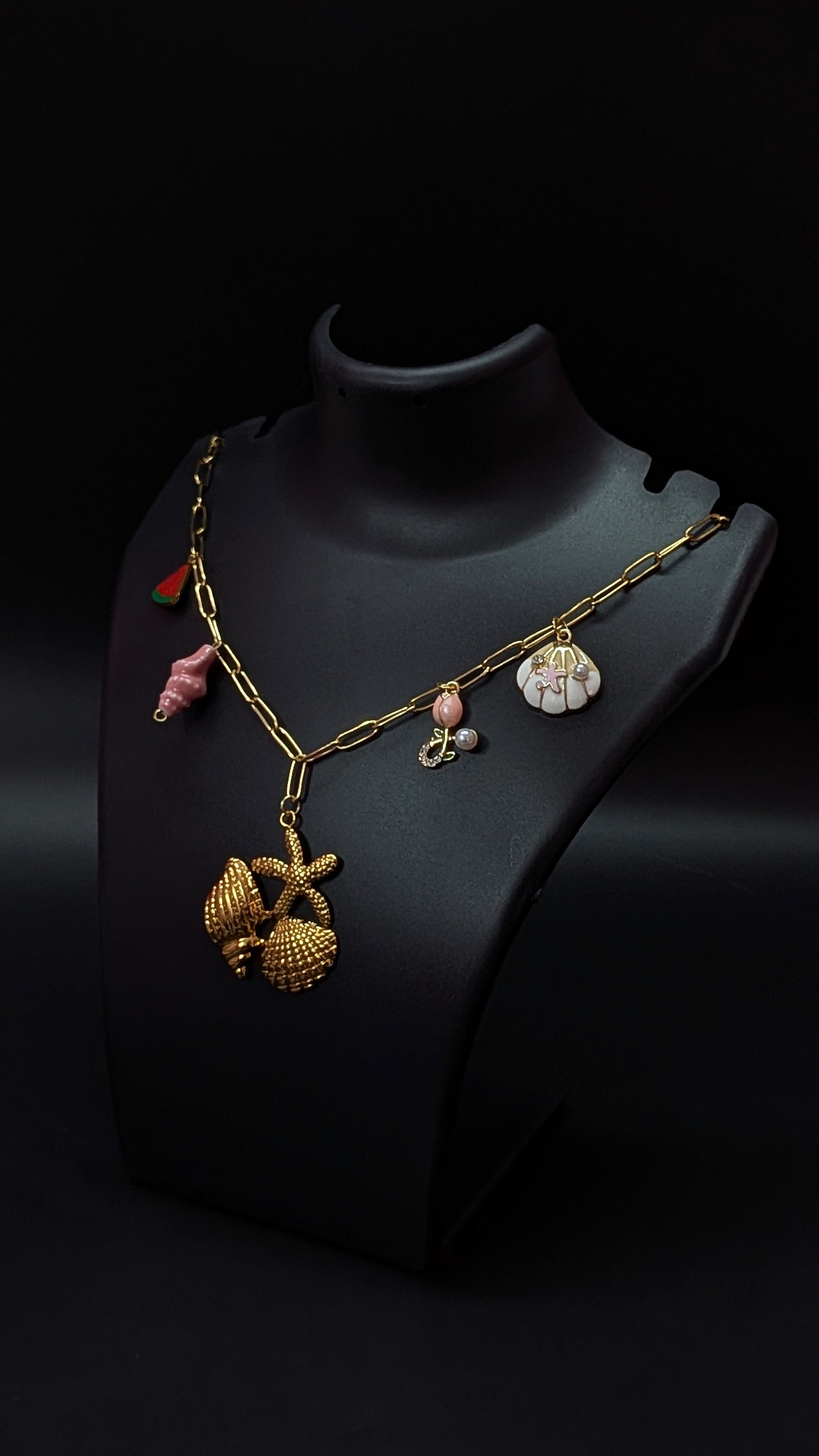 Golden Seashell Charm Necklace with Watermelon & Starfish Accents