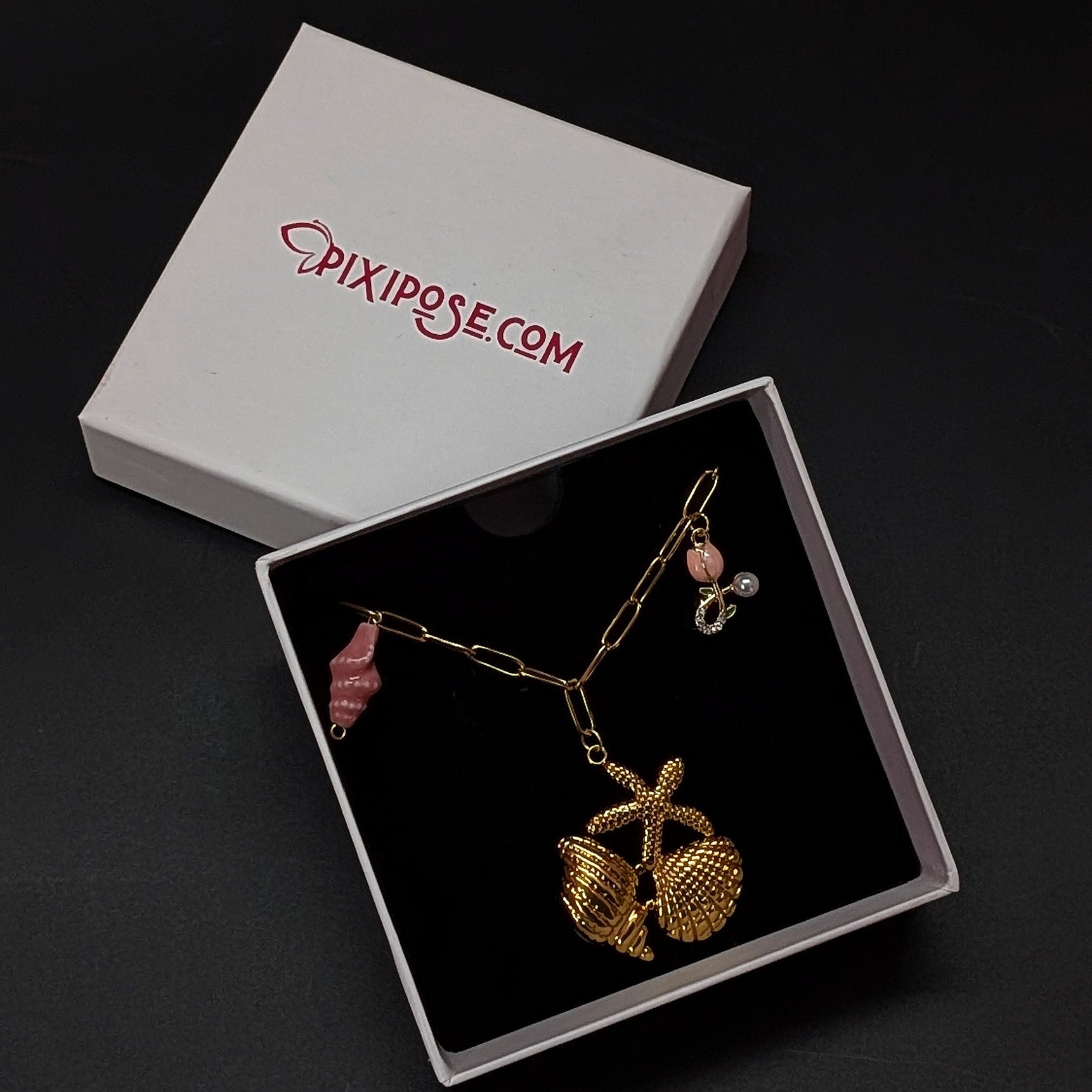 Golden Seashell Charm Necklace with Watermelon & Starfish Accents