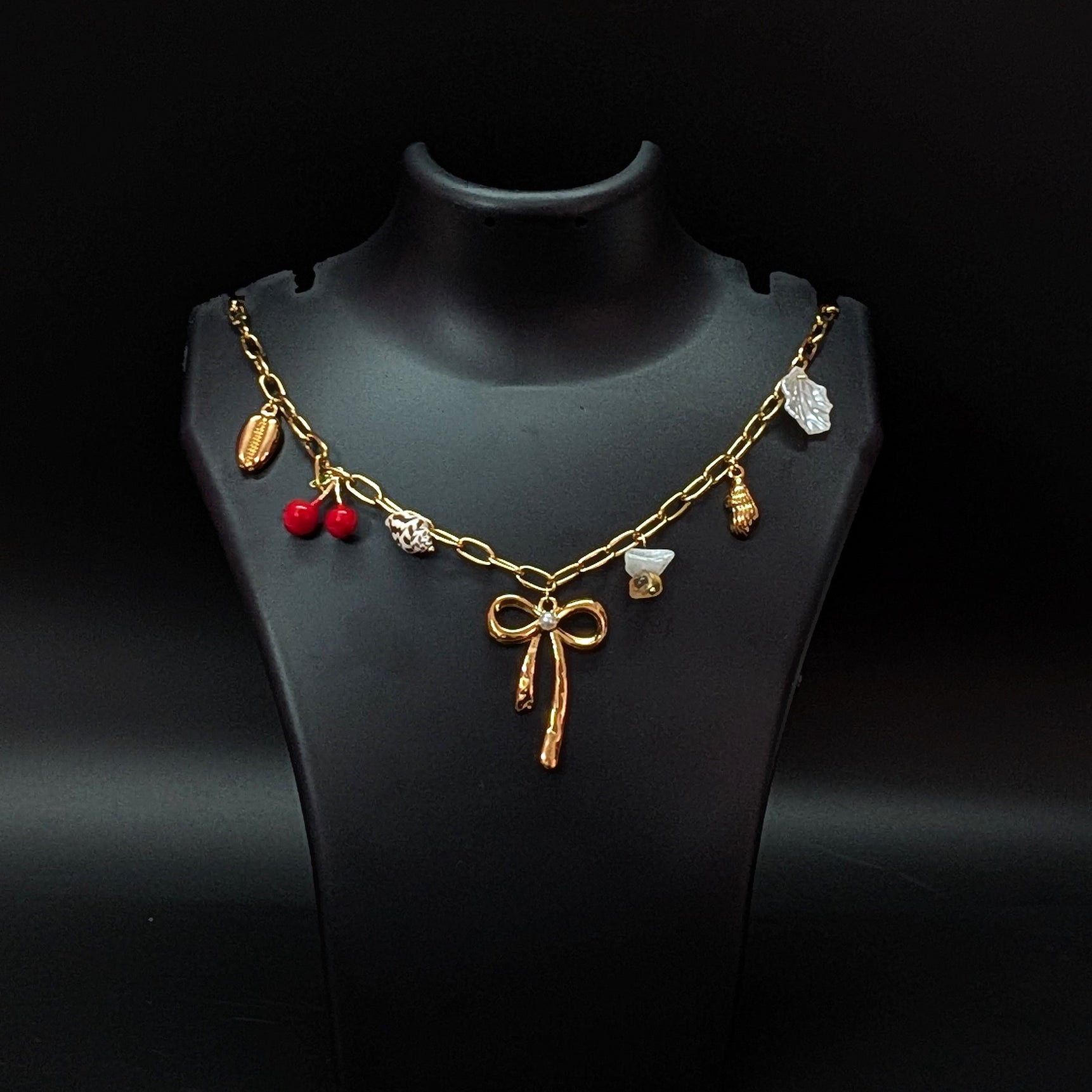 Golden Bow Pendant Charm Necklace with Cherry & Seashell Accents