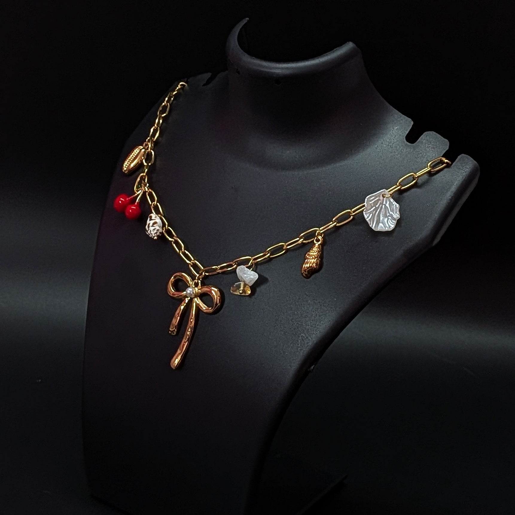 Golden Bow Pendant Charm Necklace with Cherry & Seashell Accents