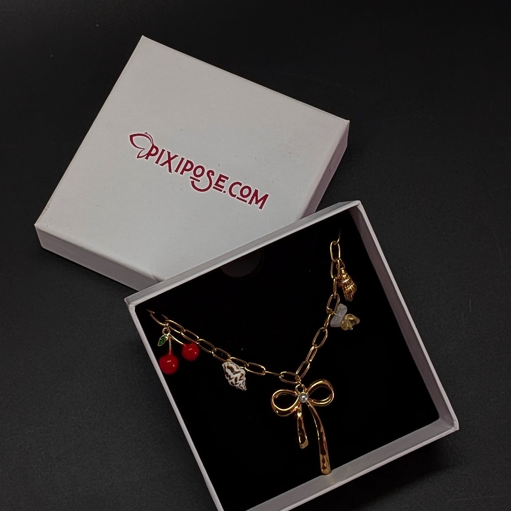 Golden Bow Pendant Charm Necklace with Cherry & Seashell Accents