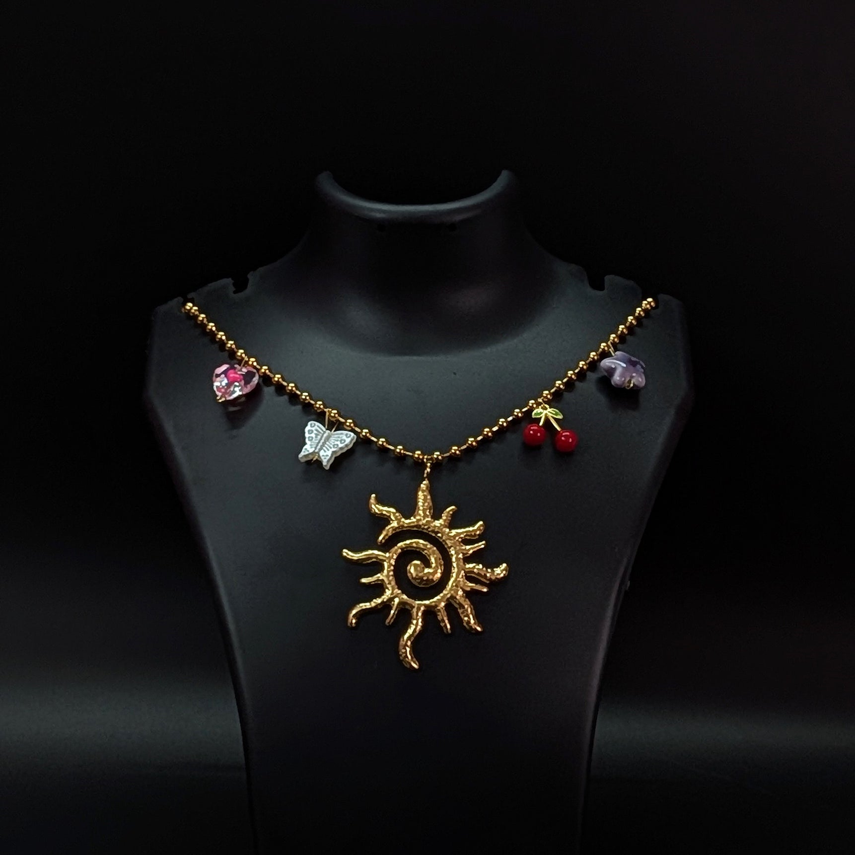 Golden Sun Pendant Charm Necklace with Cherry & Butterfly Accents