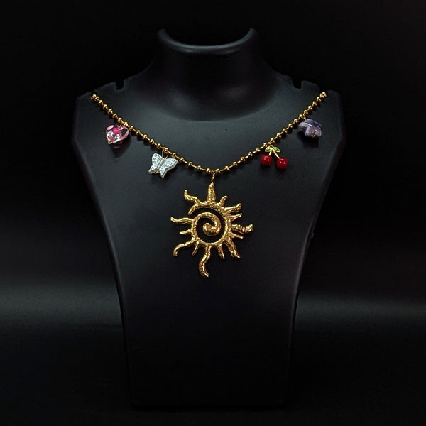Golden Sun Pendant Charm Necklace with Cherry & Butterfly Accents