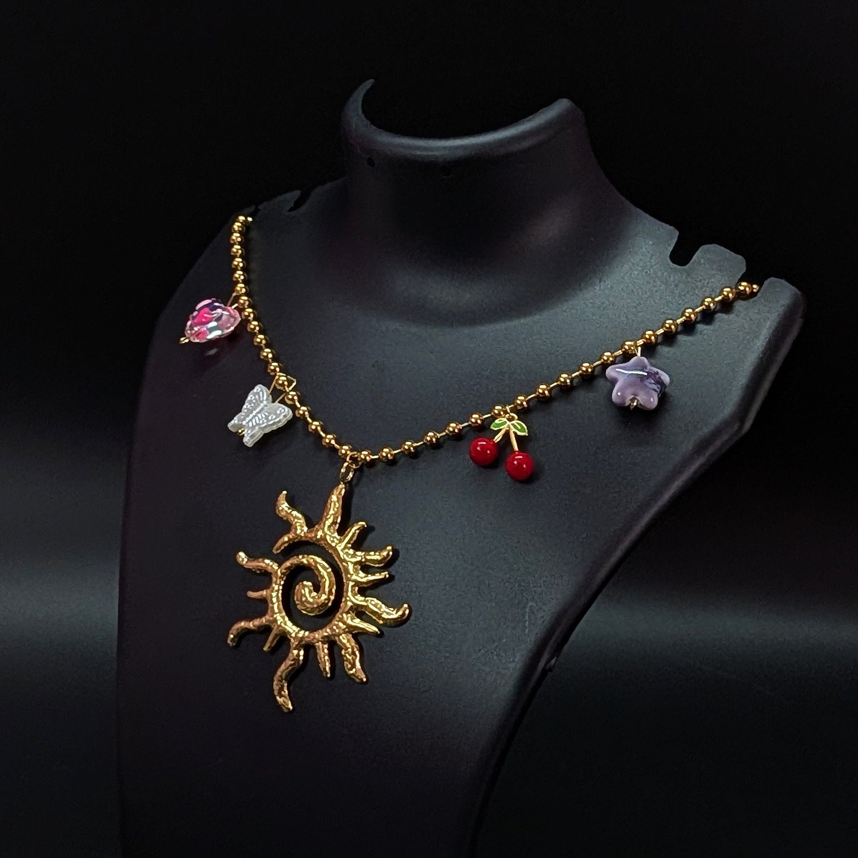 Golden Sun Pendant Charm Necklace with Cherry & Butterfly Accents
