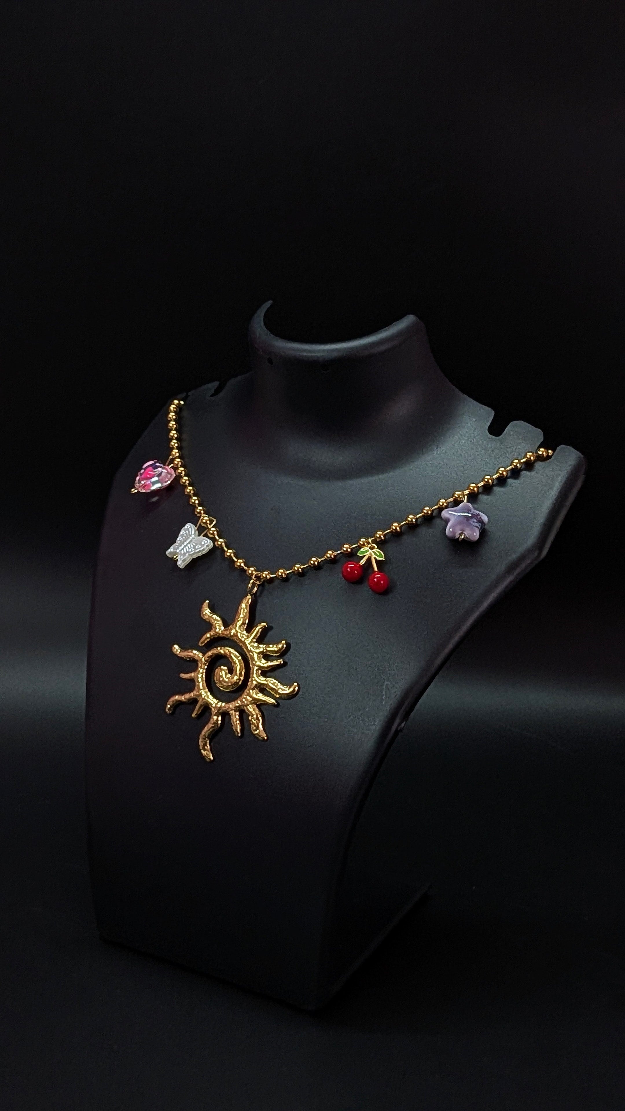 Golden Sun Pendant Charm Necklace with Cherry & Butterfly Accents