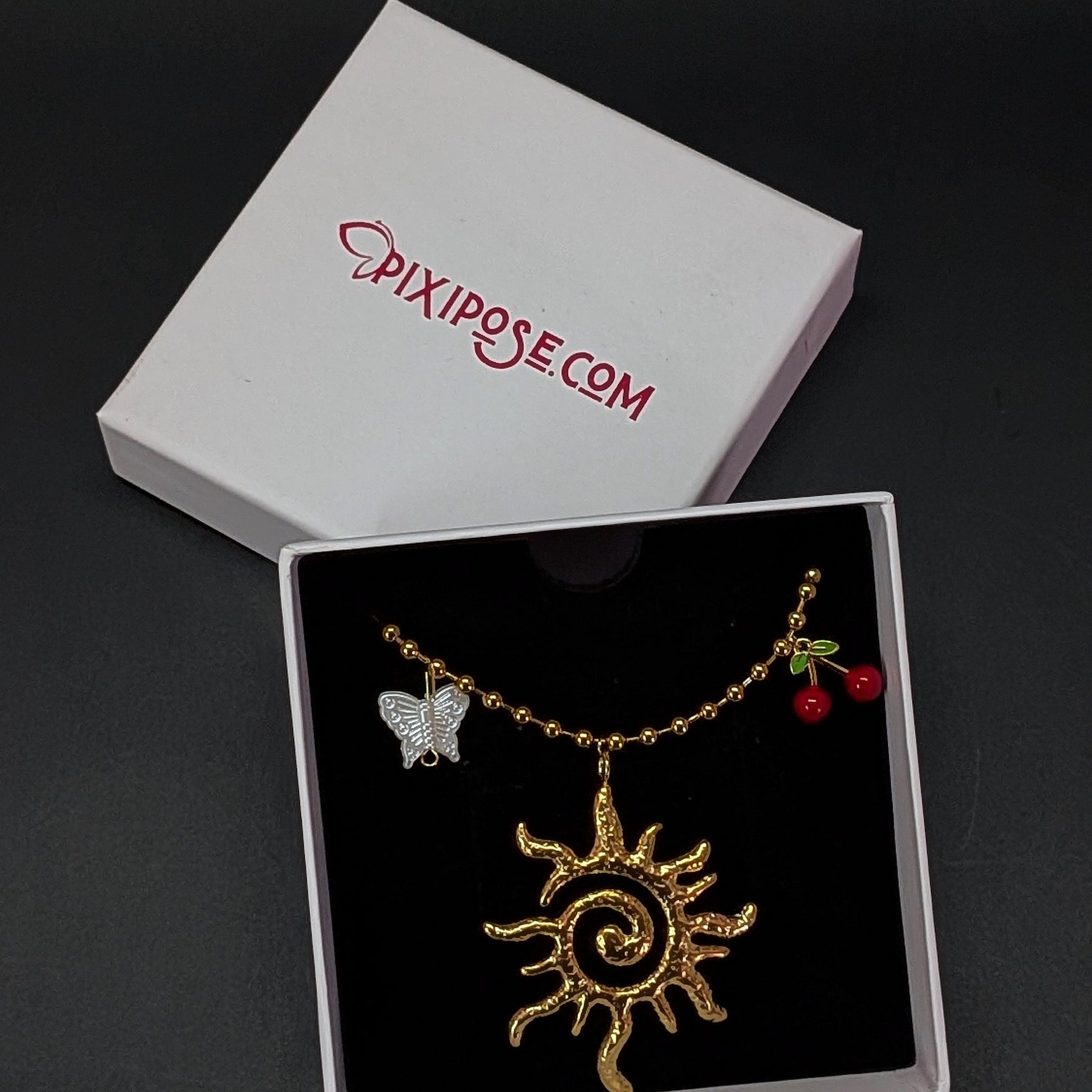 Golden Sun Pendant Charm Necklace with Cherry & Butterfly Accents