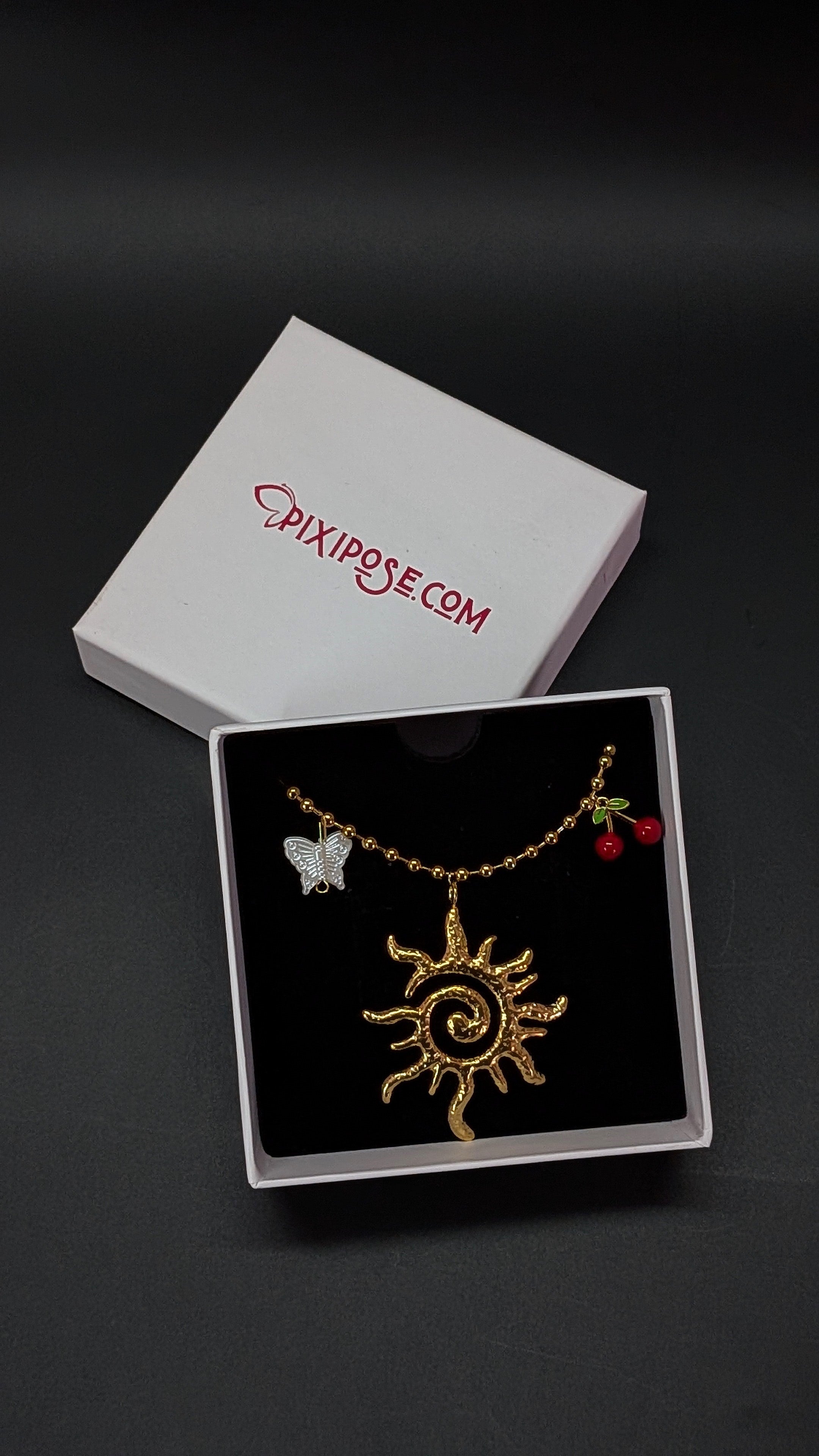 Golden Sun Pendant Charm Necklace with Cherry & Butterfly Accents