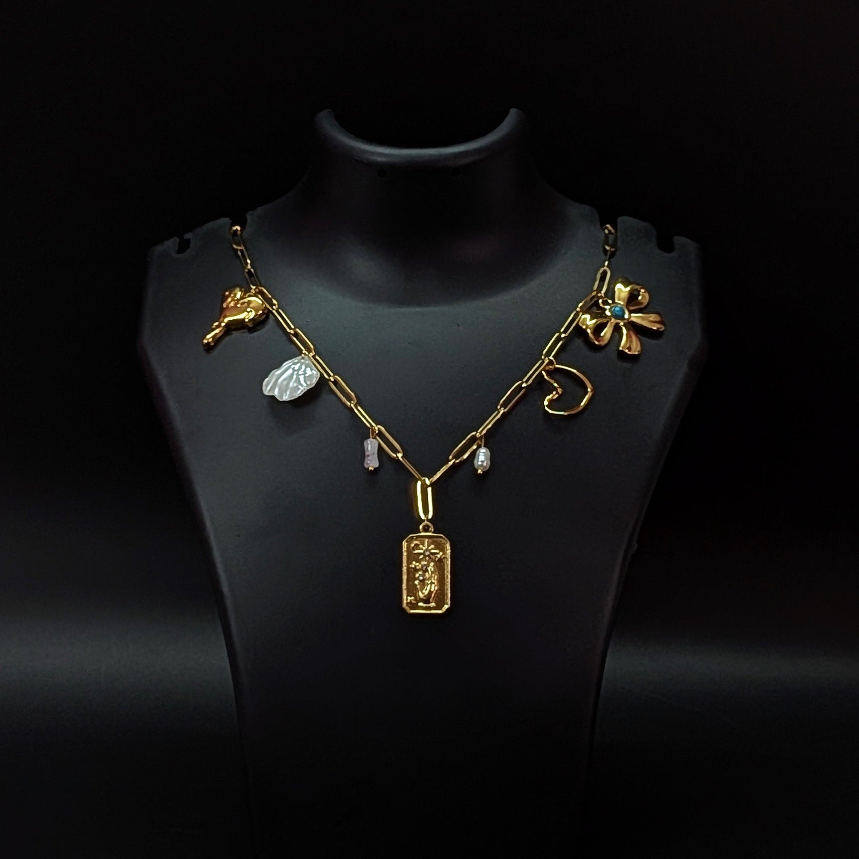 Gold Multi Charm Necklace Bow Flower Coin Shell Pendant
