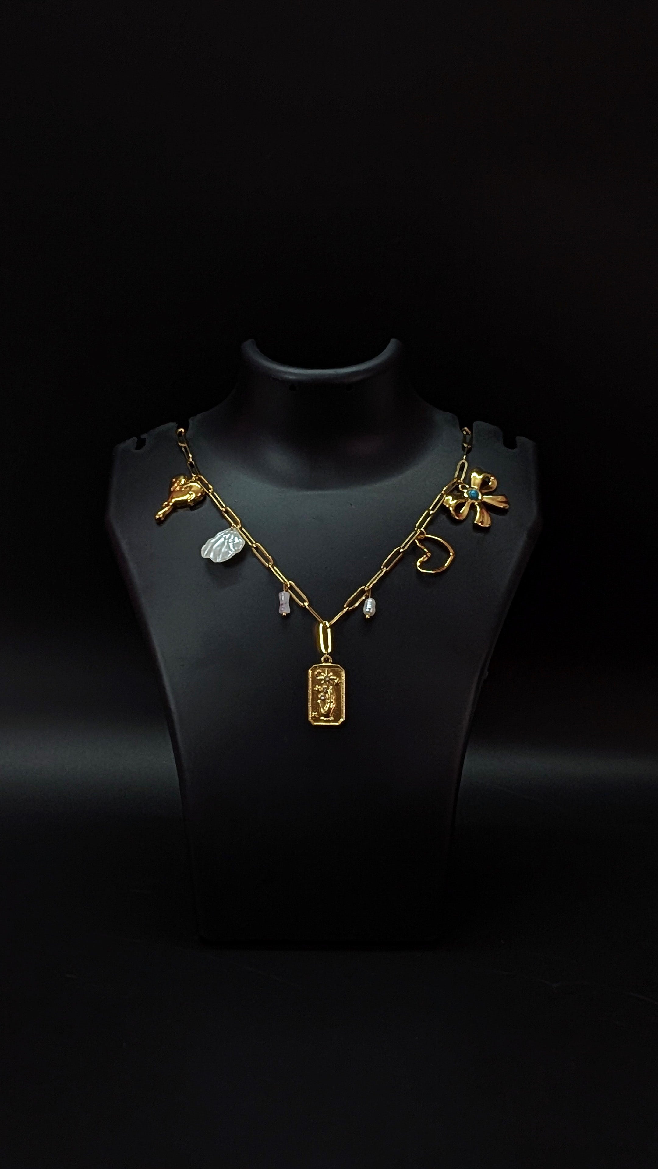 Gold Multi Charm Necklace Bow Flower Coin Shell Pendant