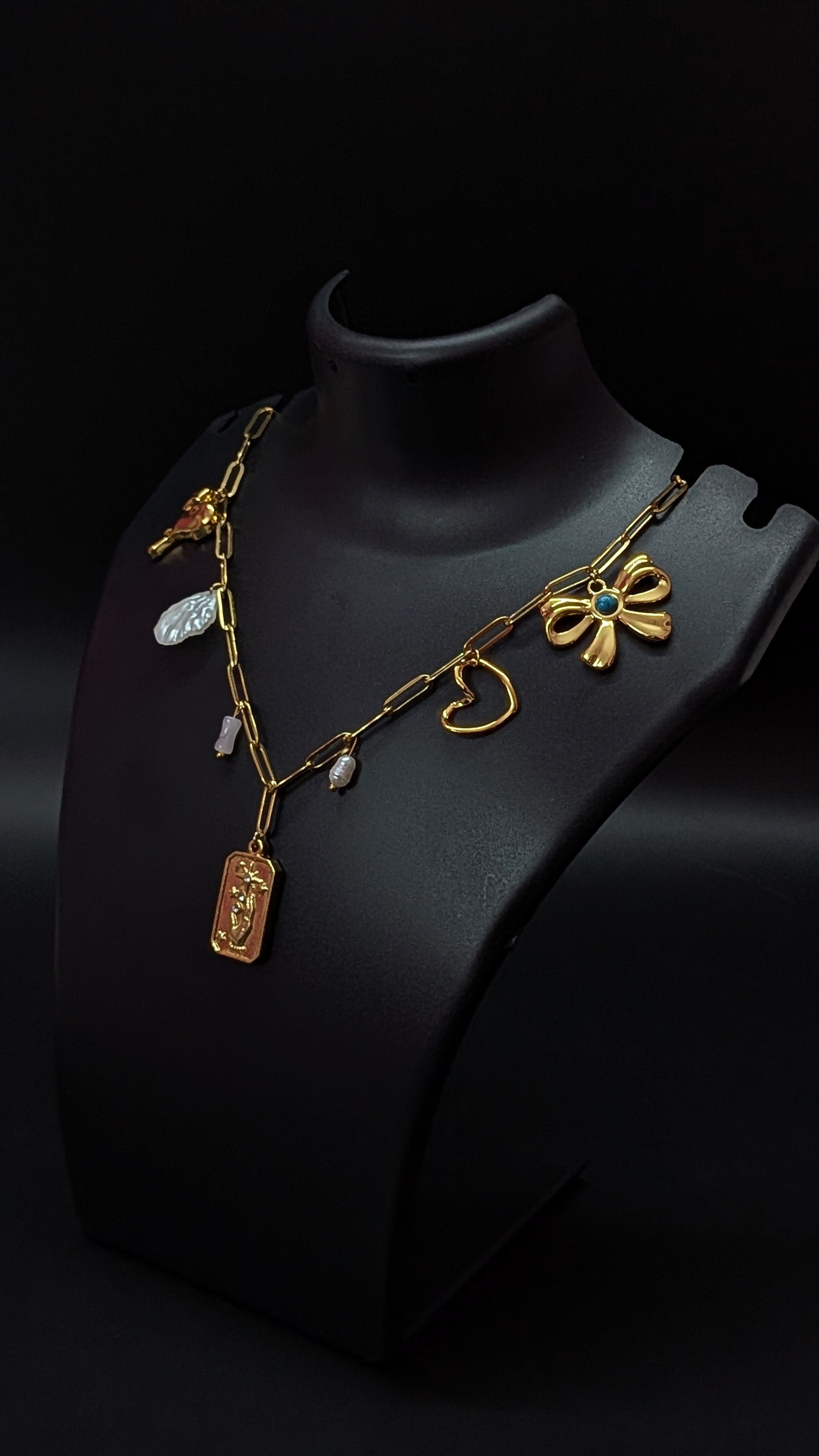 Gold Multi Charm Necklace Bow Flower Coin Shell Pendant