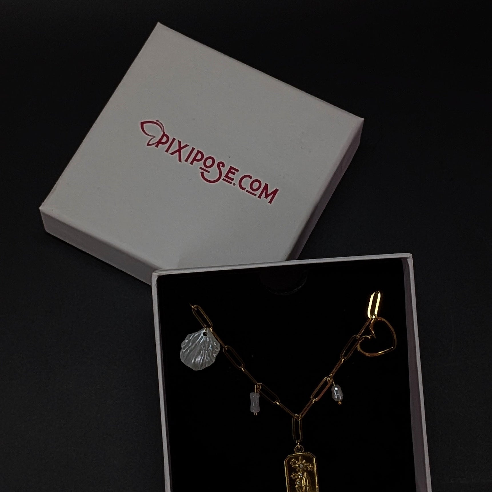 Gold Multi Charm Necklace Bow Flower Coin Shell Pendant