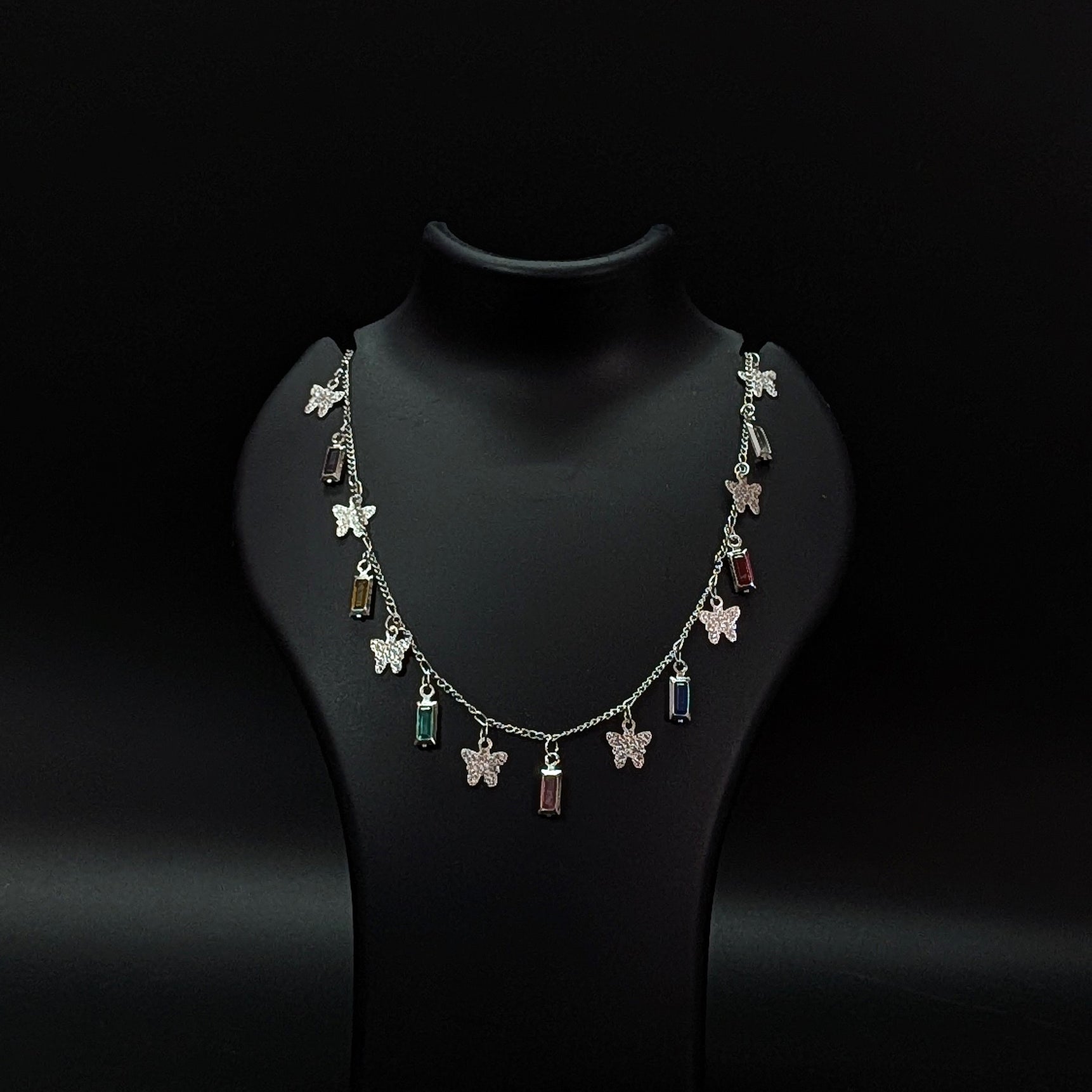 Silver Butterfly Multicolor Pendant Necklace