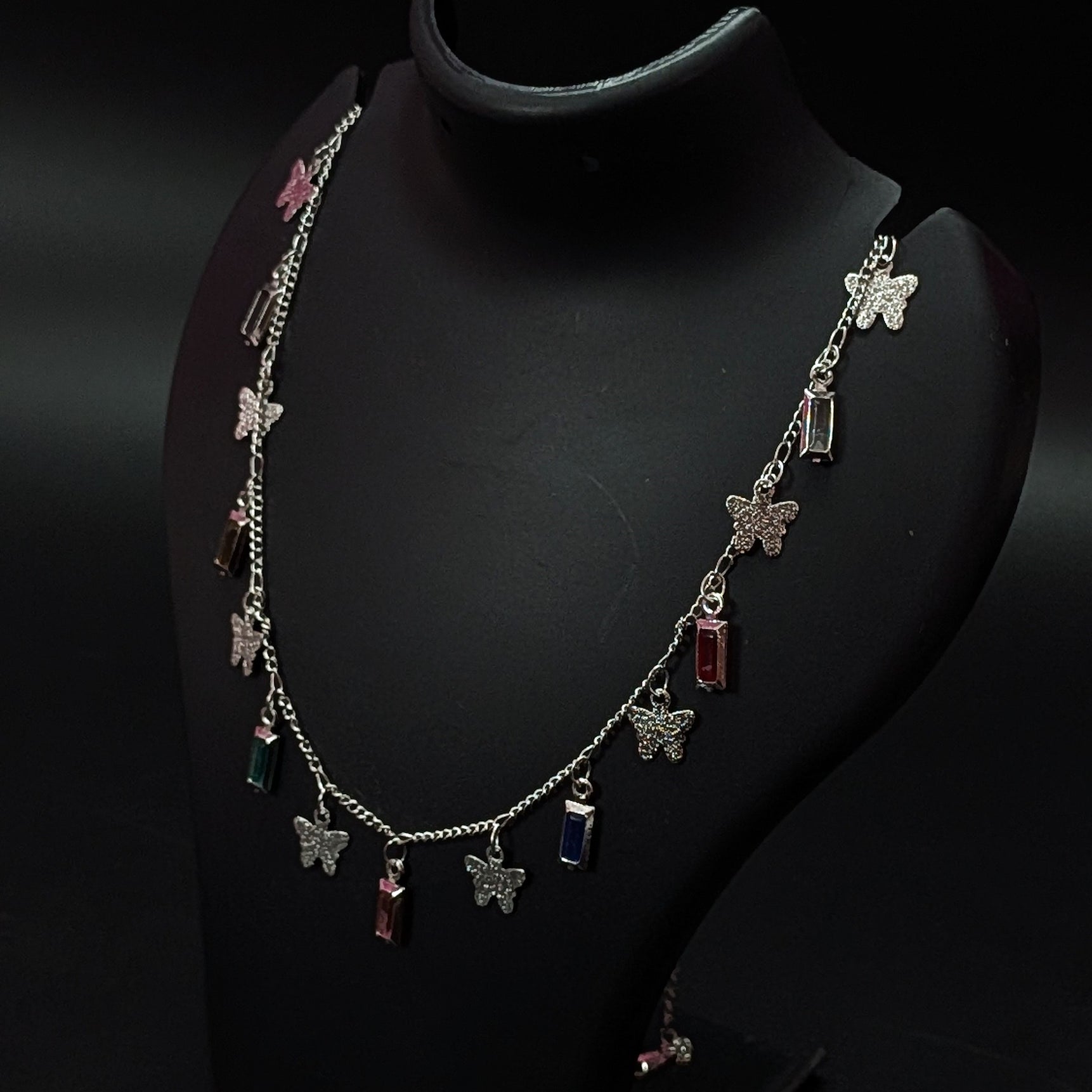 Silver Butterfly Multicolor Pendant Necklace