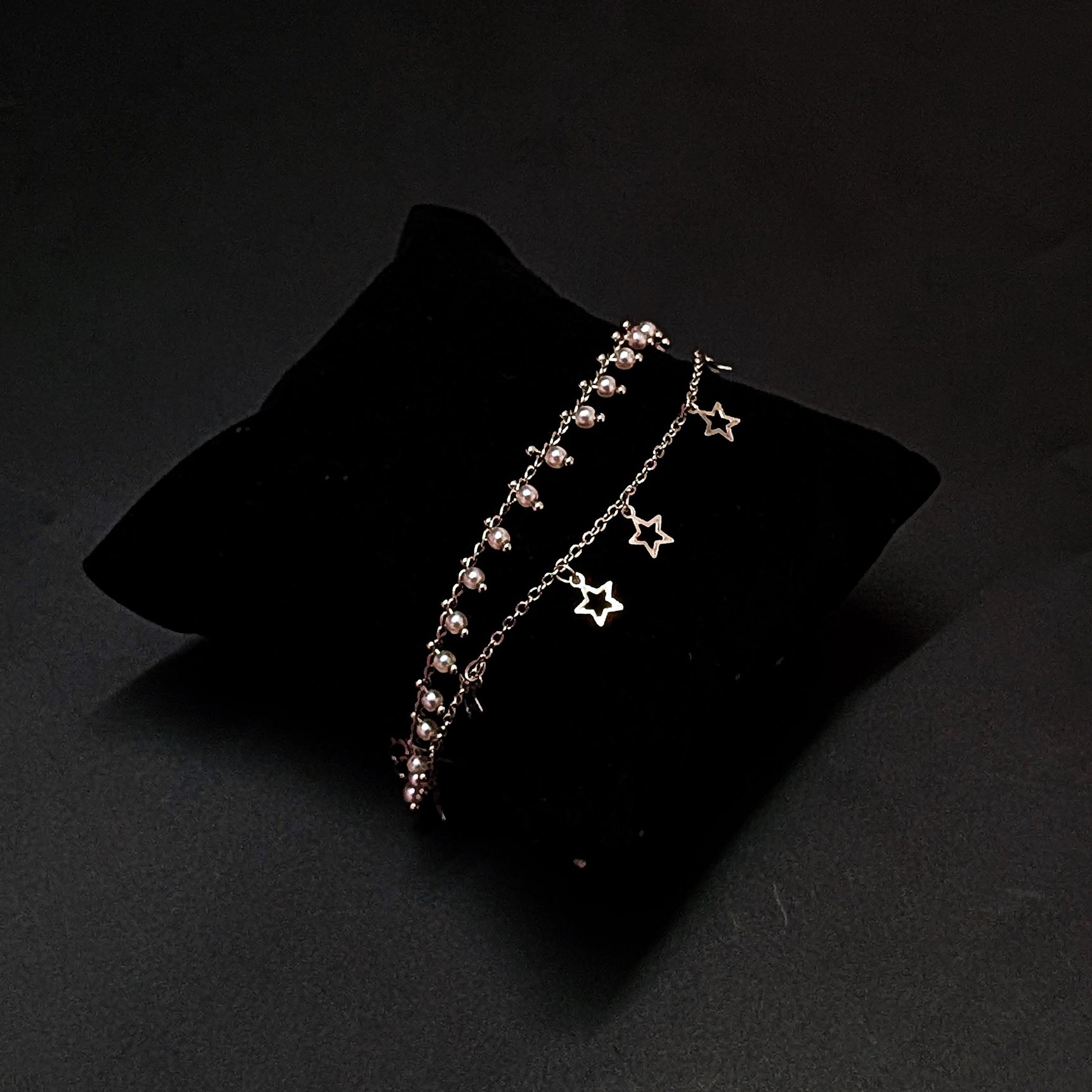 Silver Pearl & Star Charm Bracelet – Dual Layer Elegant Design