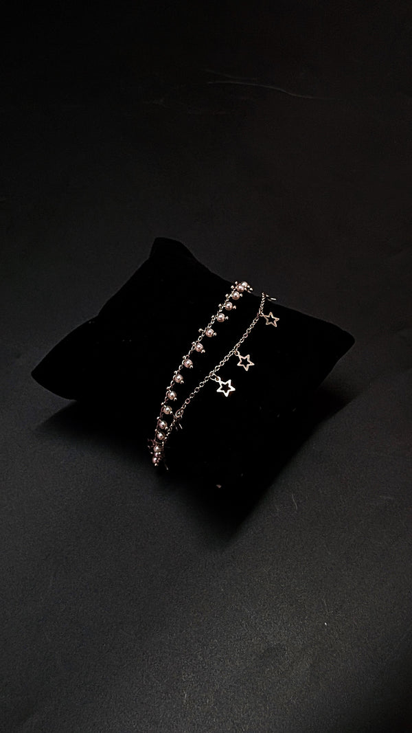 Silver Pearl & Star Charm Bracelet – Dual Layer Elegant Design