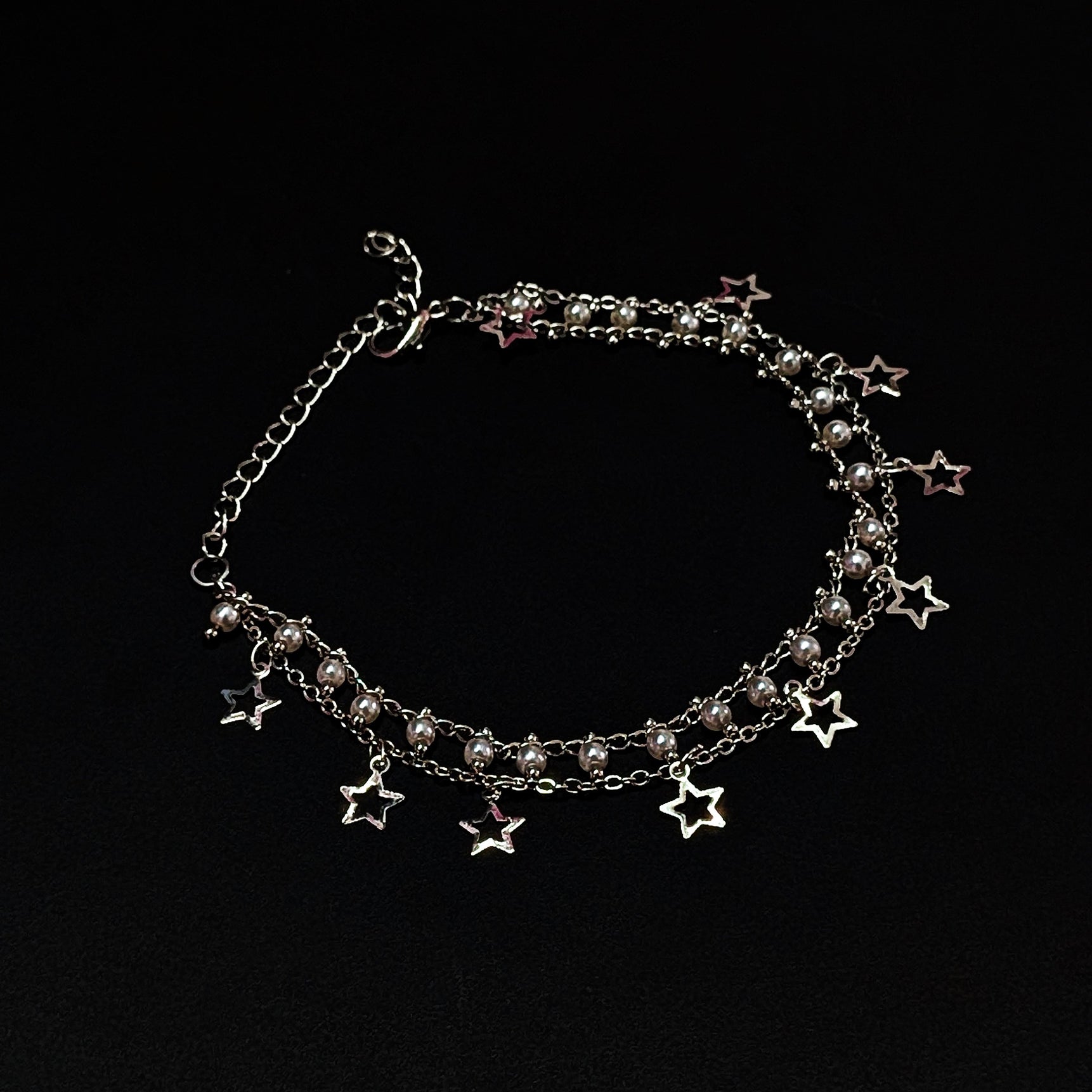 Silver Pearl & Star Charm Bracelet – Dual Layer Elegant Design