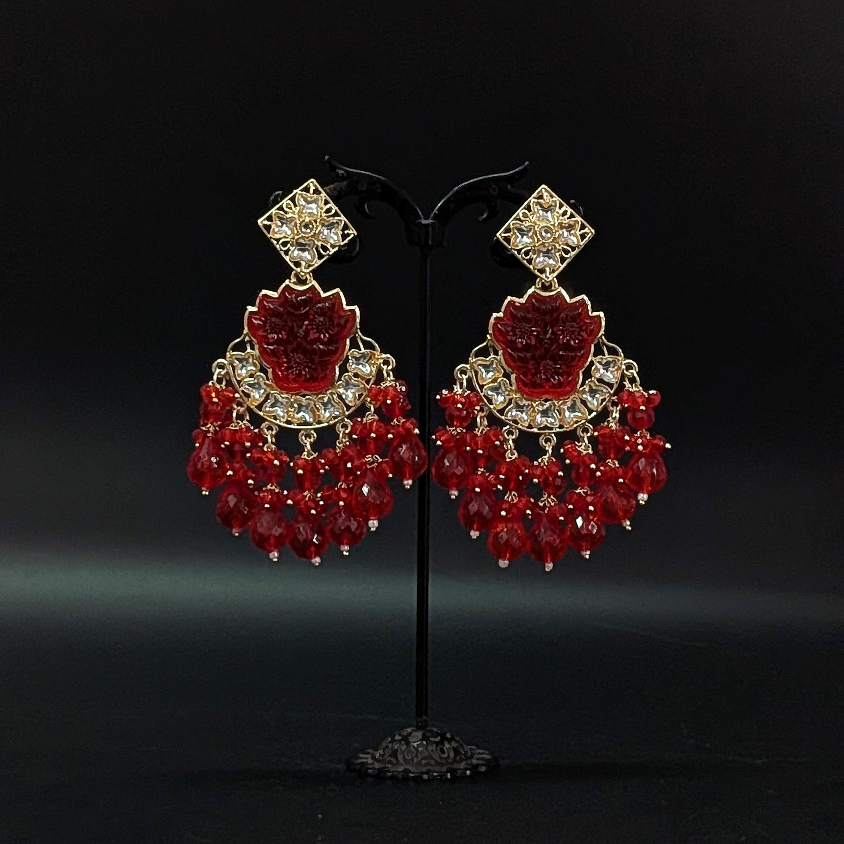 Red Floral Dangler Earrings – Bold Beaded Ethnic Statement