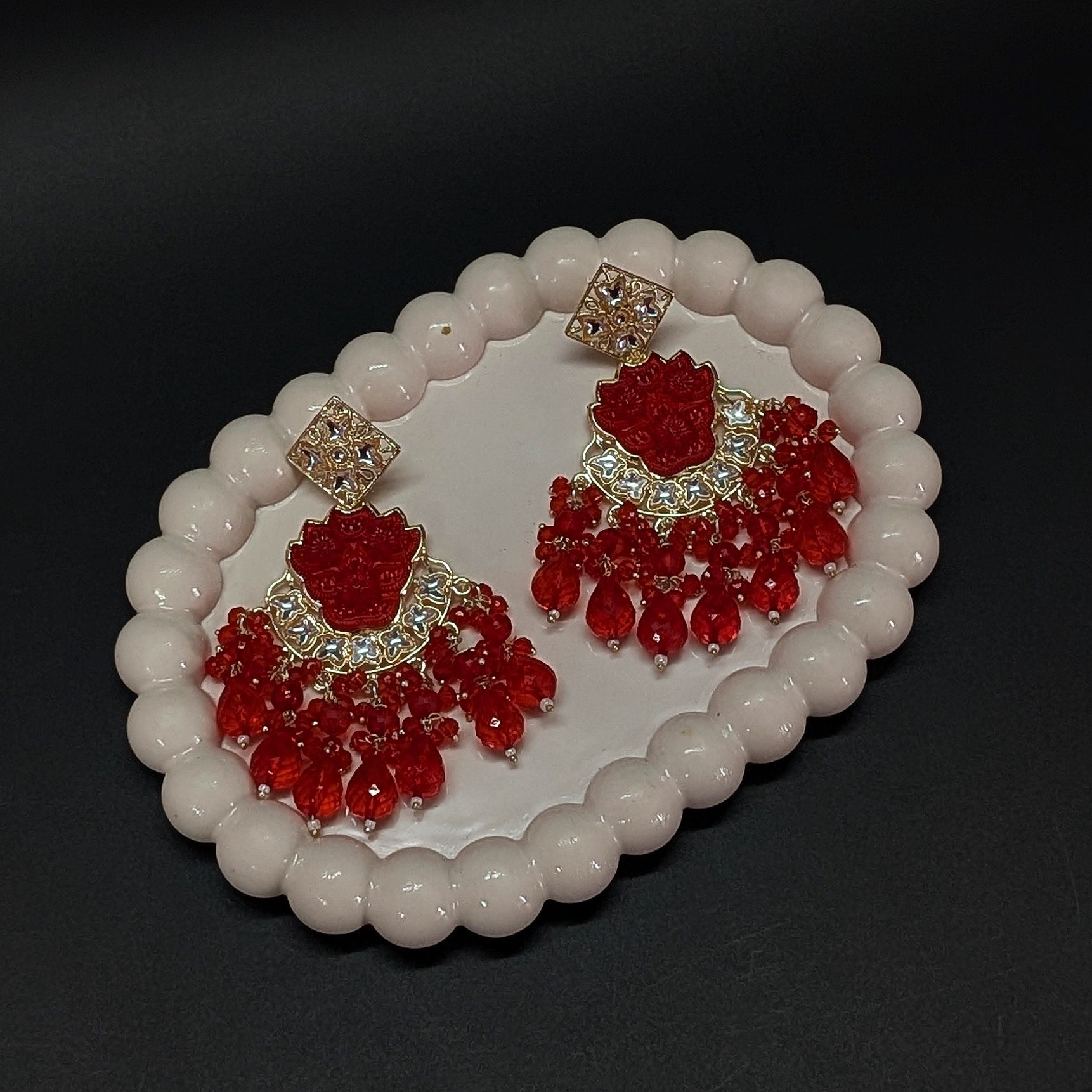 Red Floral Dangler Earrings – Bold Beaded Ethnic Statement