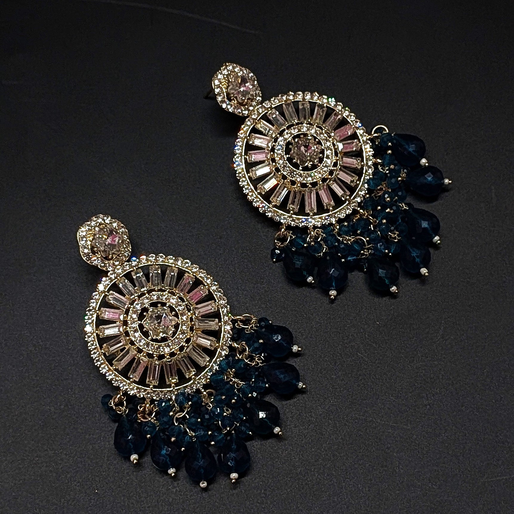 Blue Sunburst Crystal Earrings – Glamorous Beaded Statement