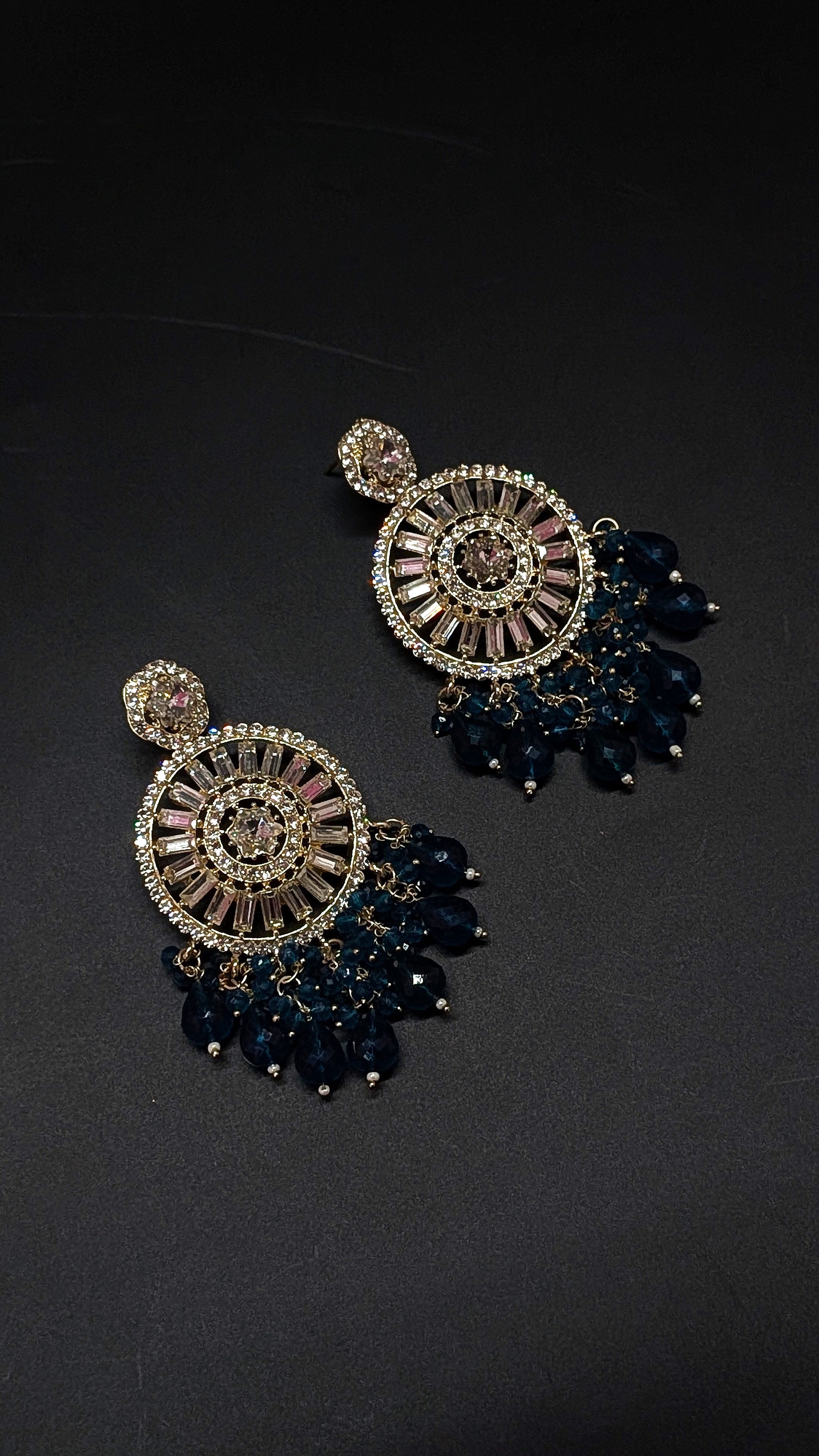 Blue Sunburst Crystal Earrings – Glamorous Beaded Statement