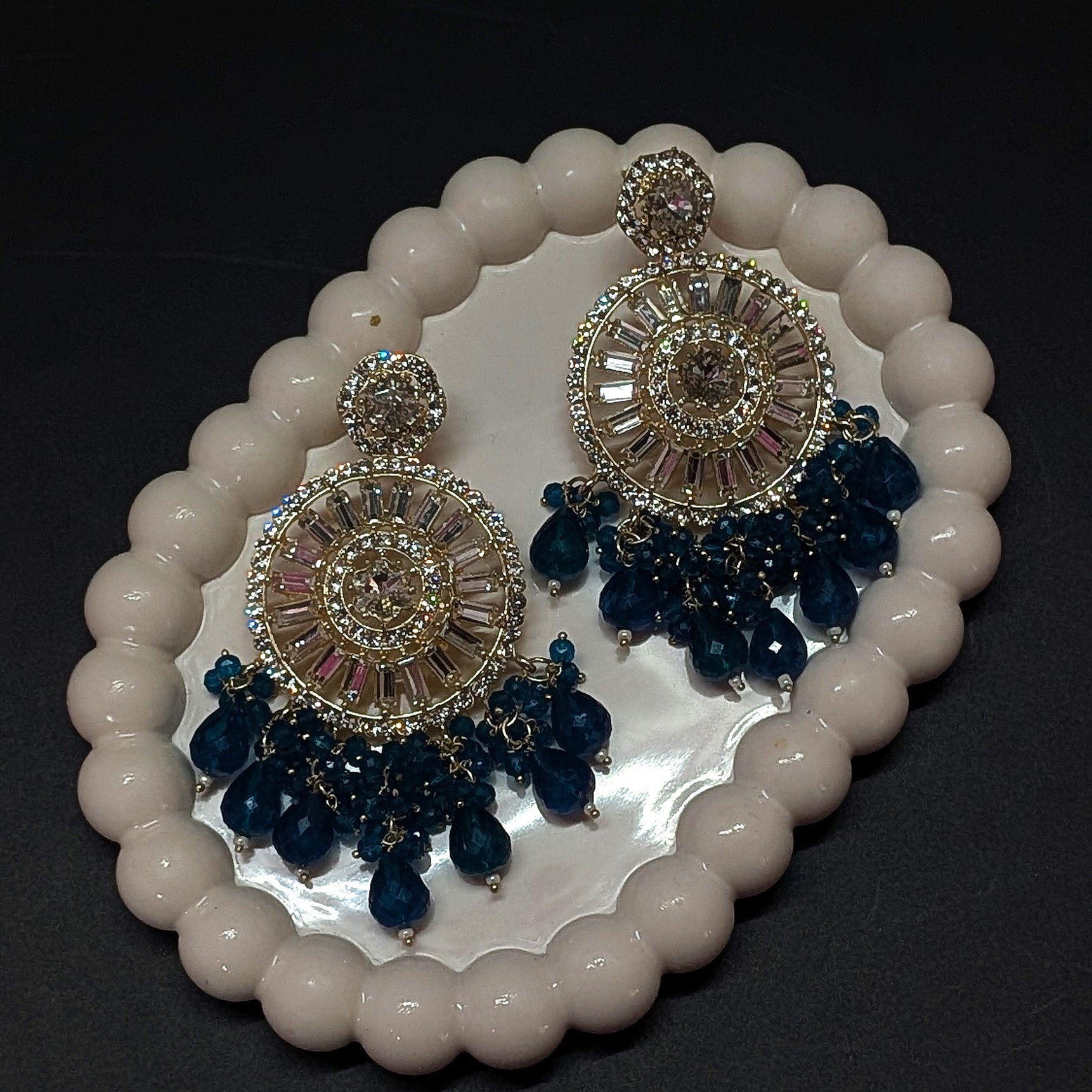 Blue Sunburst Crystal Earrings – Glamorous Beaded Statement
