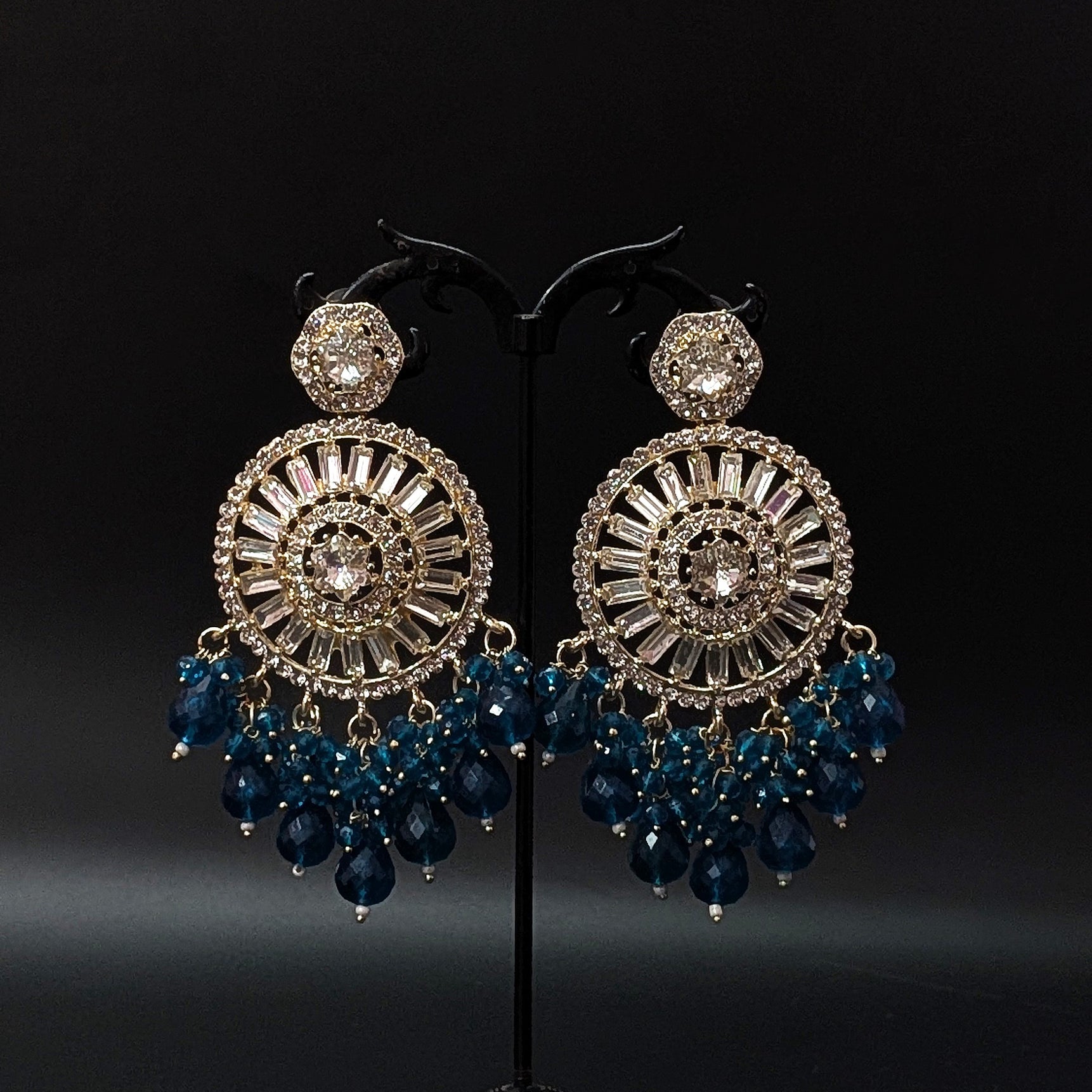 Blue Sunburst Crystal Earrings – Glamorous Beaded Statement
