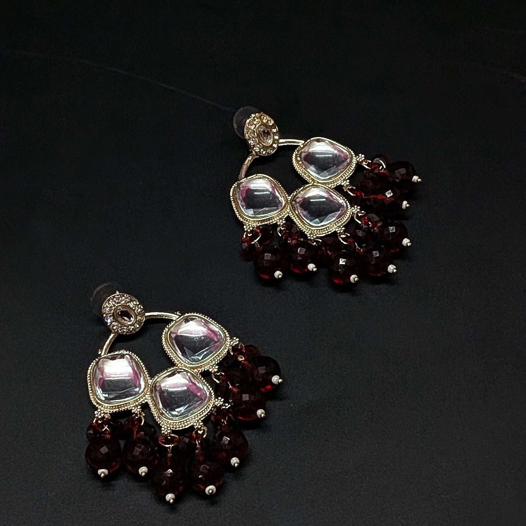 Ethnic Kundan Mirror Red Wine Beads Earrings