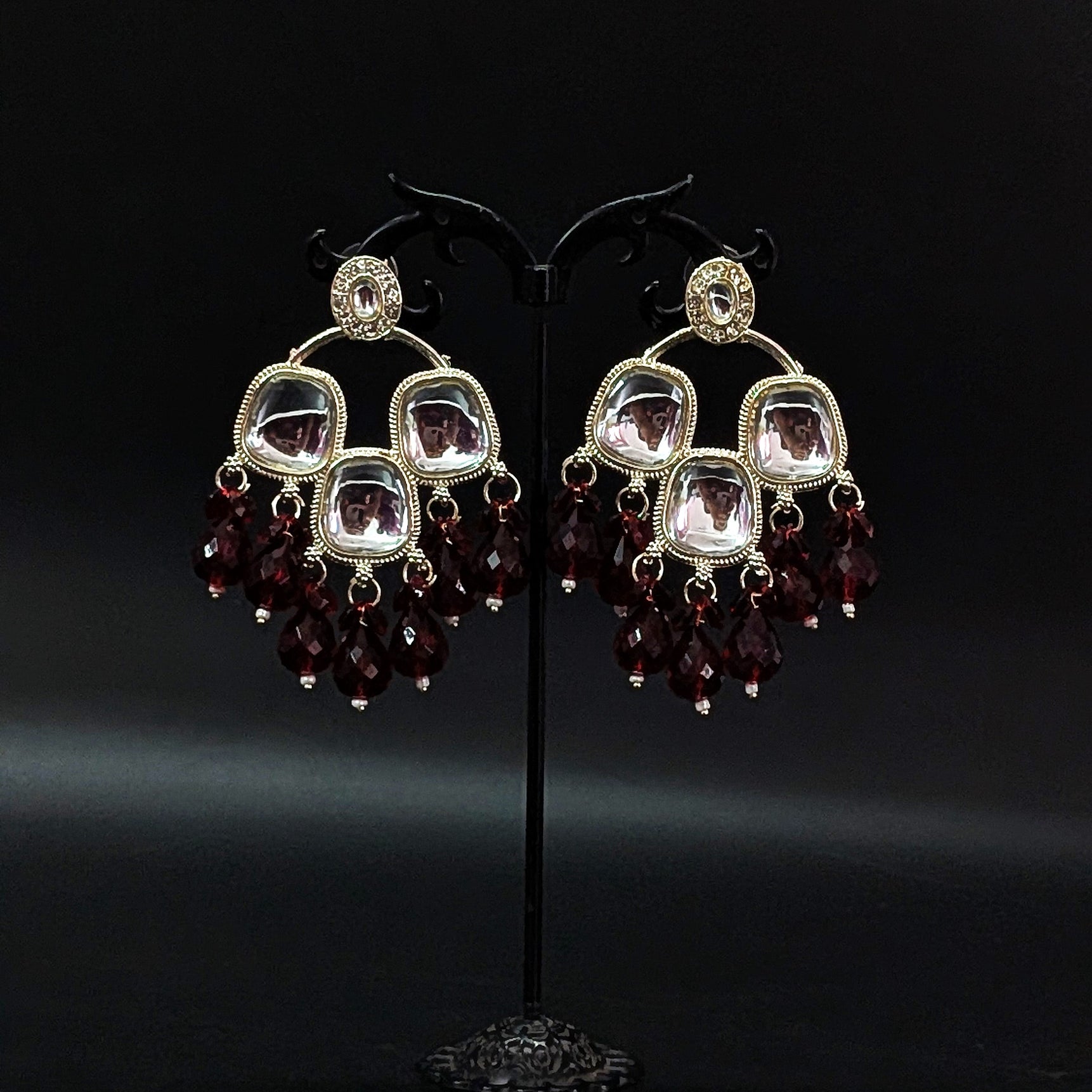 Ethnic Kundan Mirror Red Wine Beads Earrings