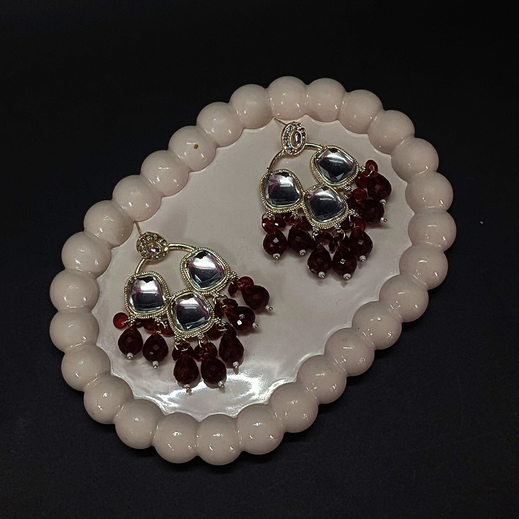Ethnic Kundan Mirror Red Wine Beads Earrings