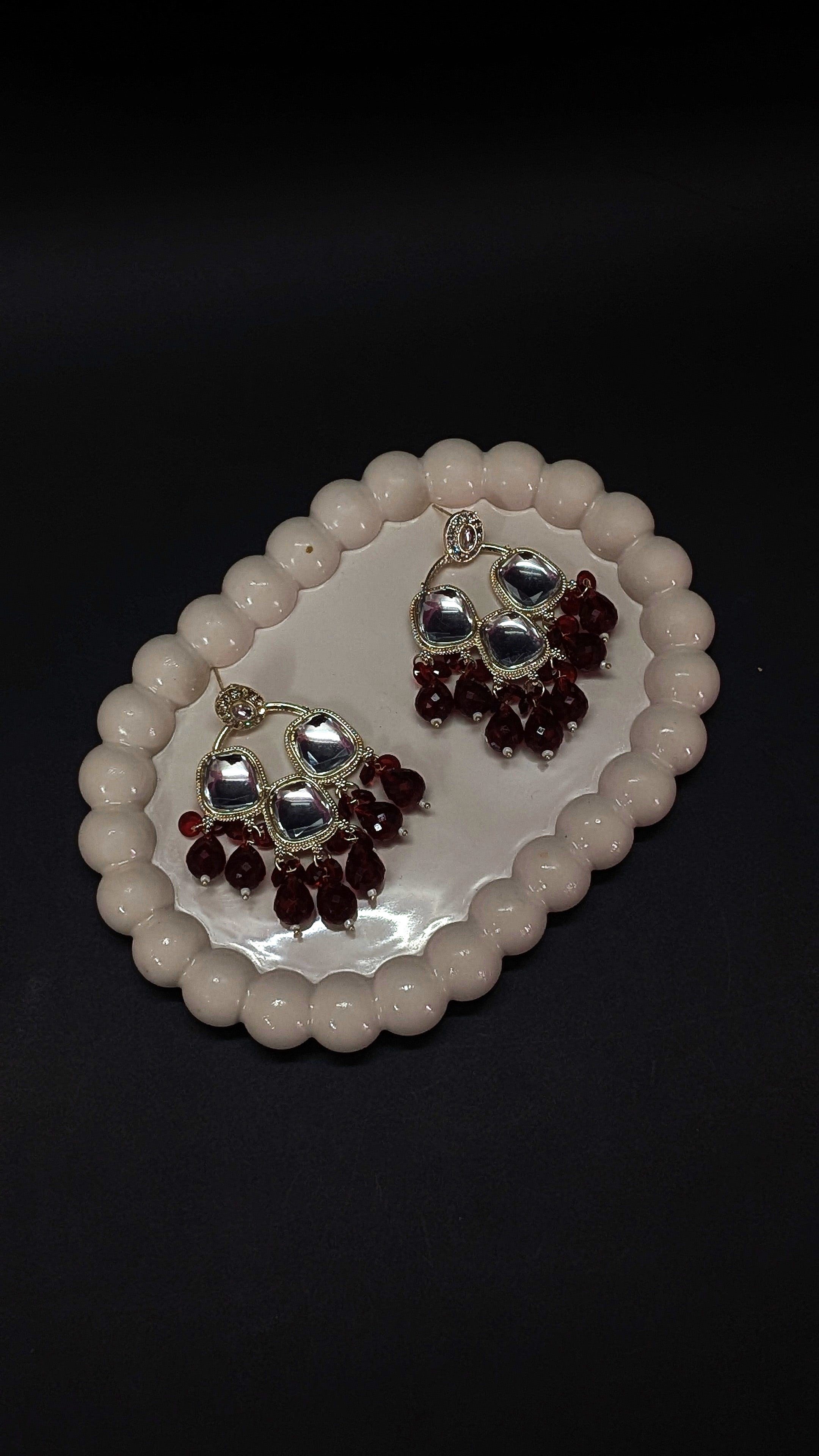 Ethnic Kundan Mirror Red Wine Beads Earrings