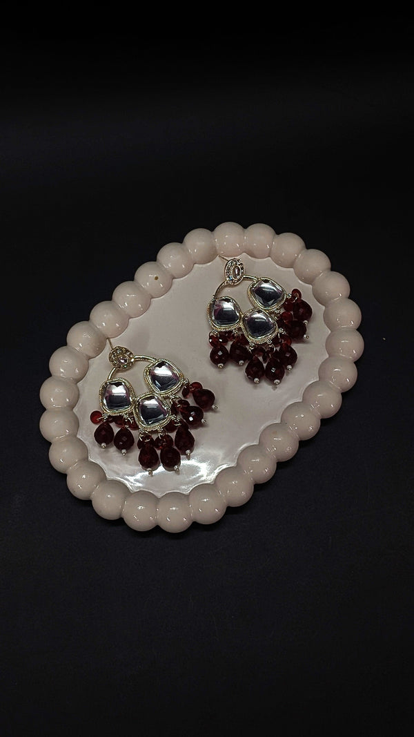 Ethnic Kundan Mirror Red Wine Beads Earrings