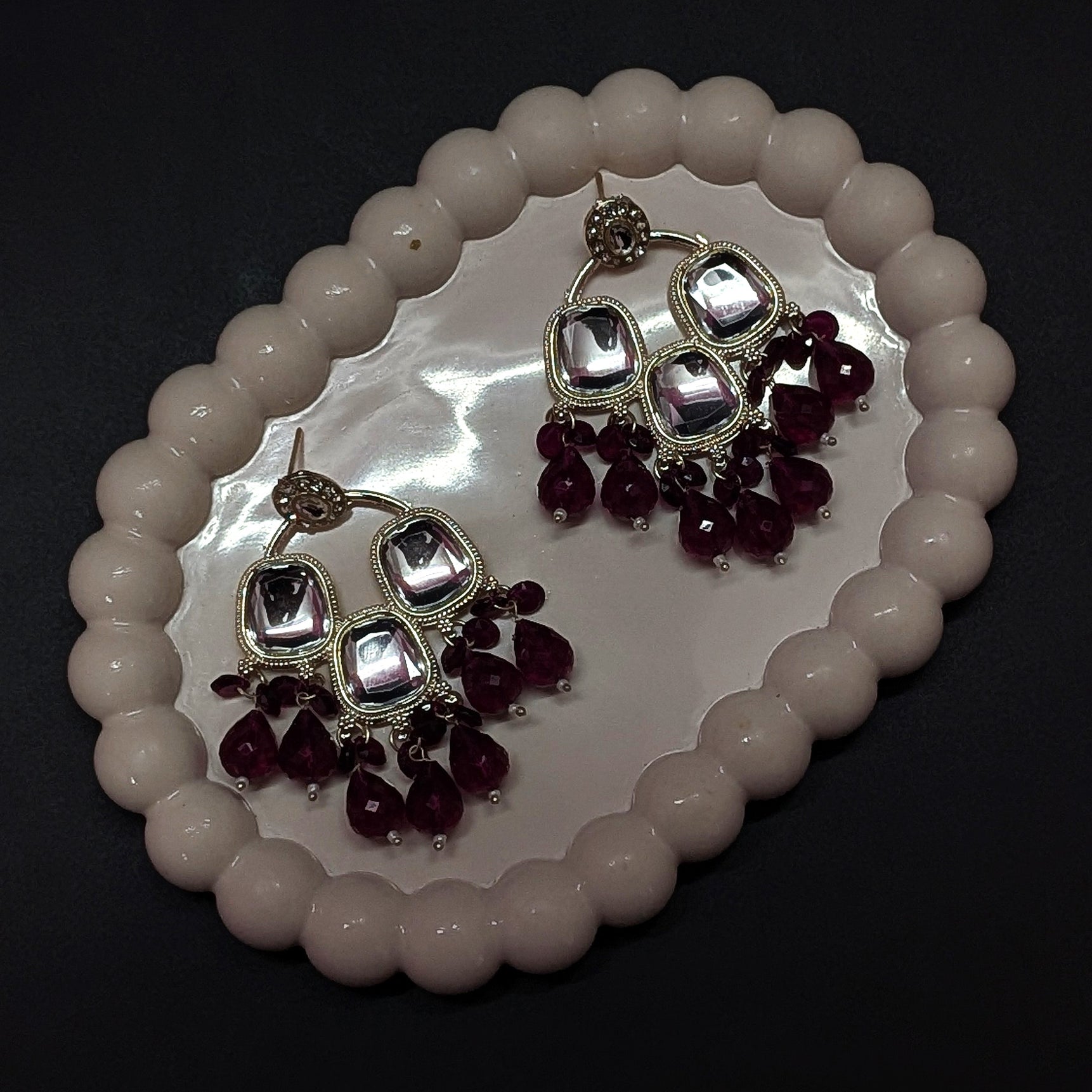Ethnic Kundan Mirror Jhumka with Purple Beads
