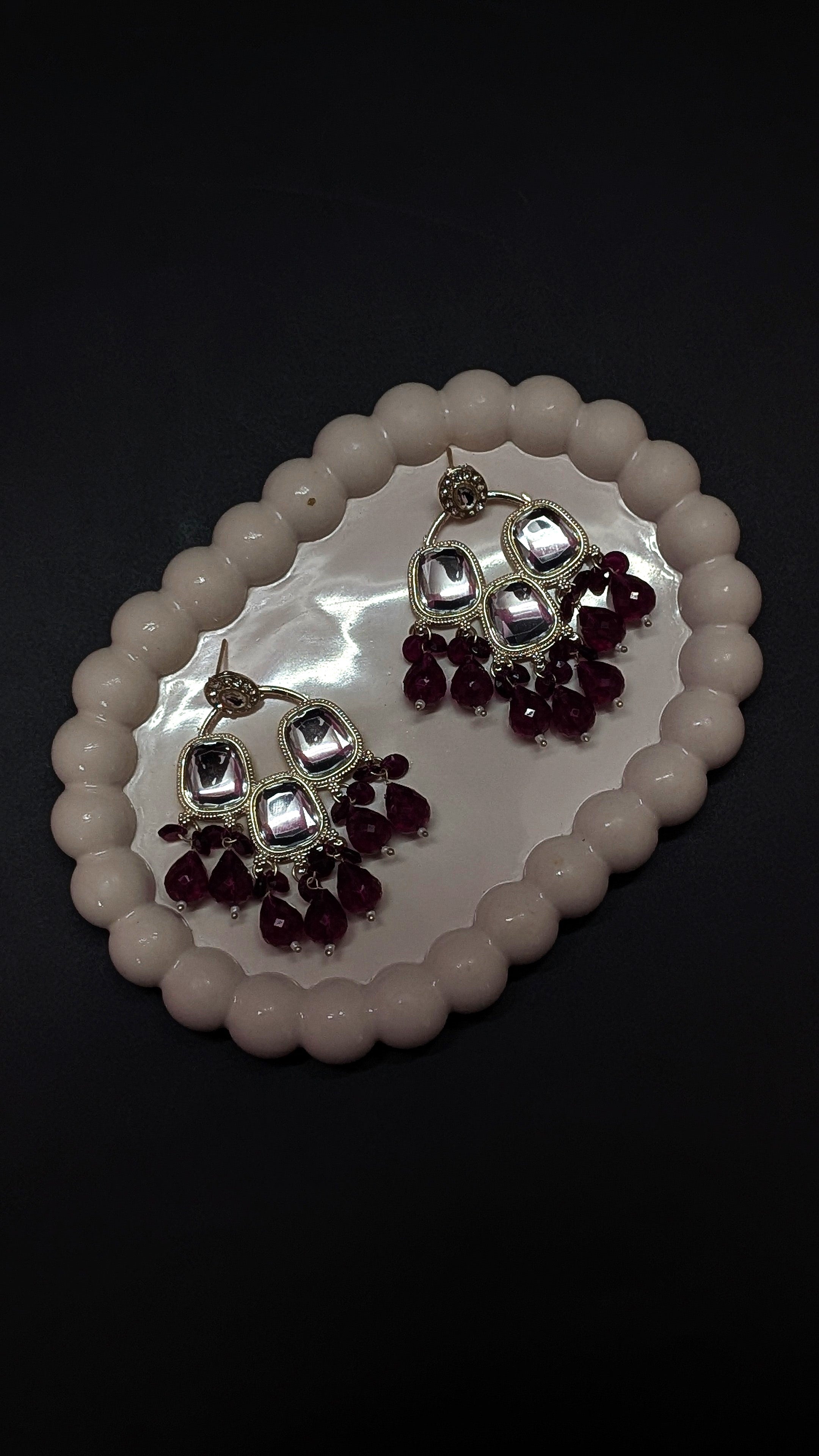 Ethnic Kundan Mirror Jhumka with Purple Beads