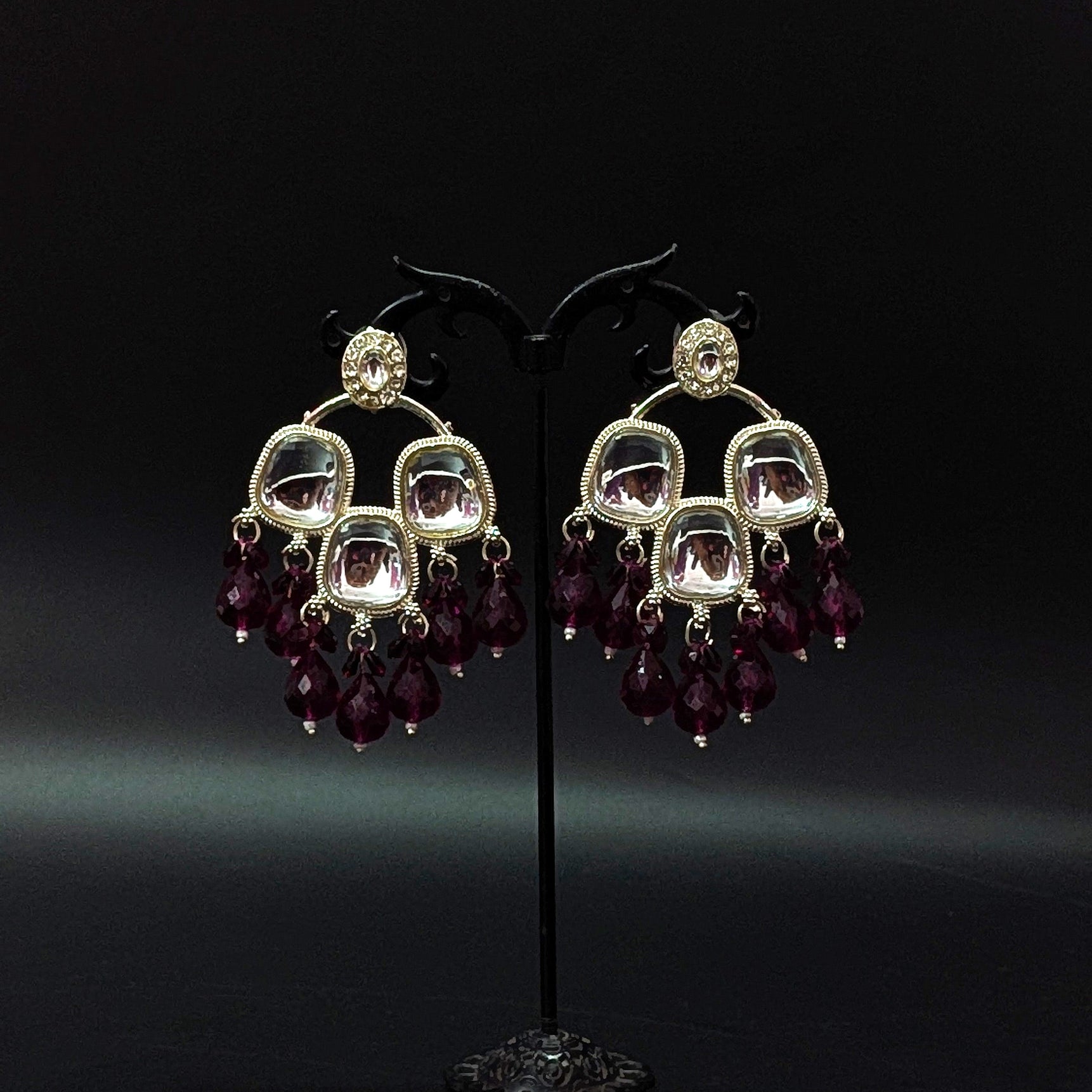 Ethnic Kundan Mirror Jhumka with Purple Beads