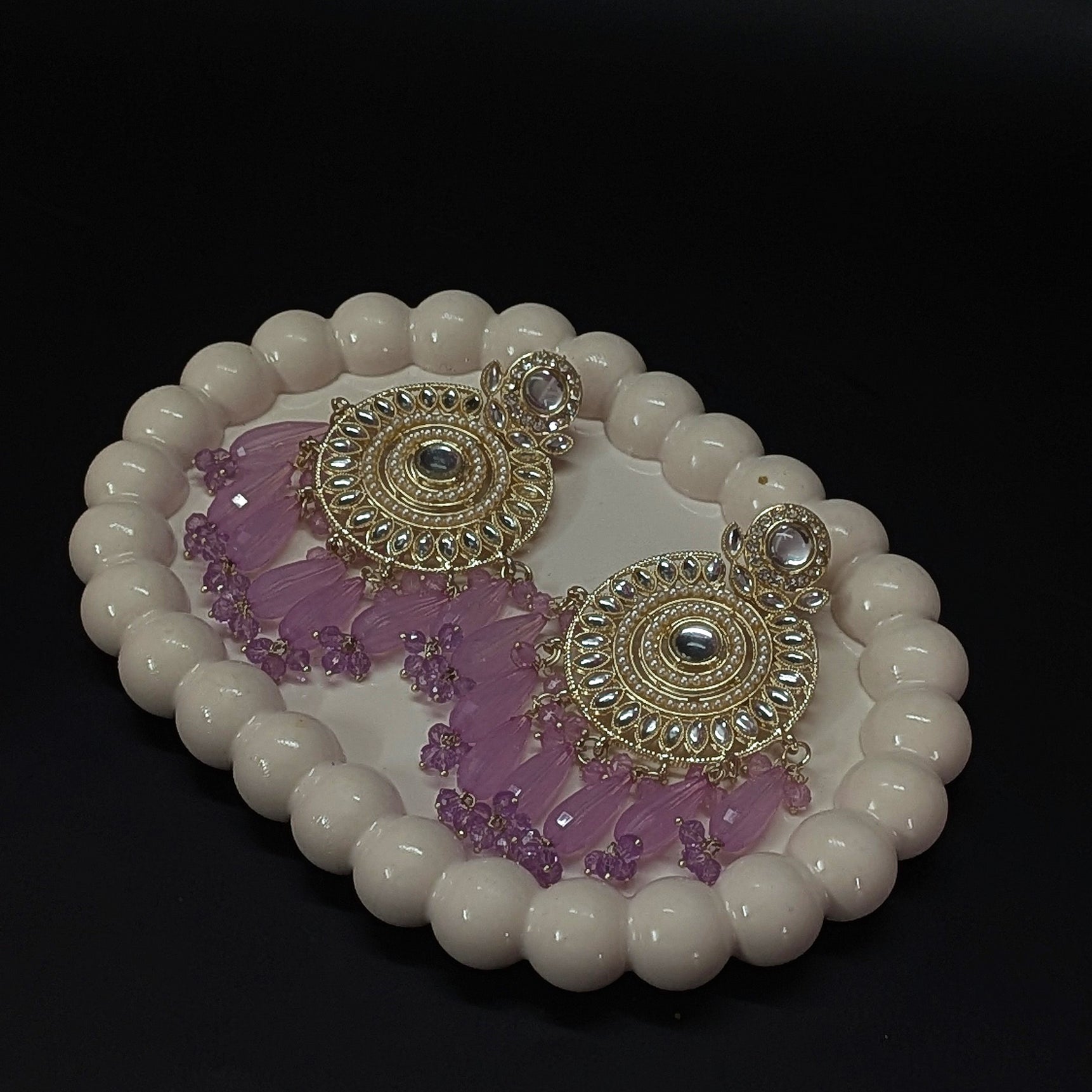 Kundan Round Long Pink Beads Jhumka Earrings