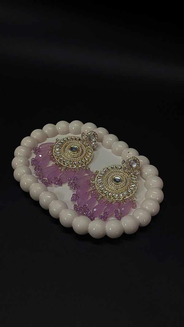 Kundan Round Long Pink Beads Jhumka Earrings