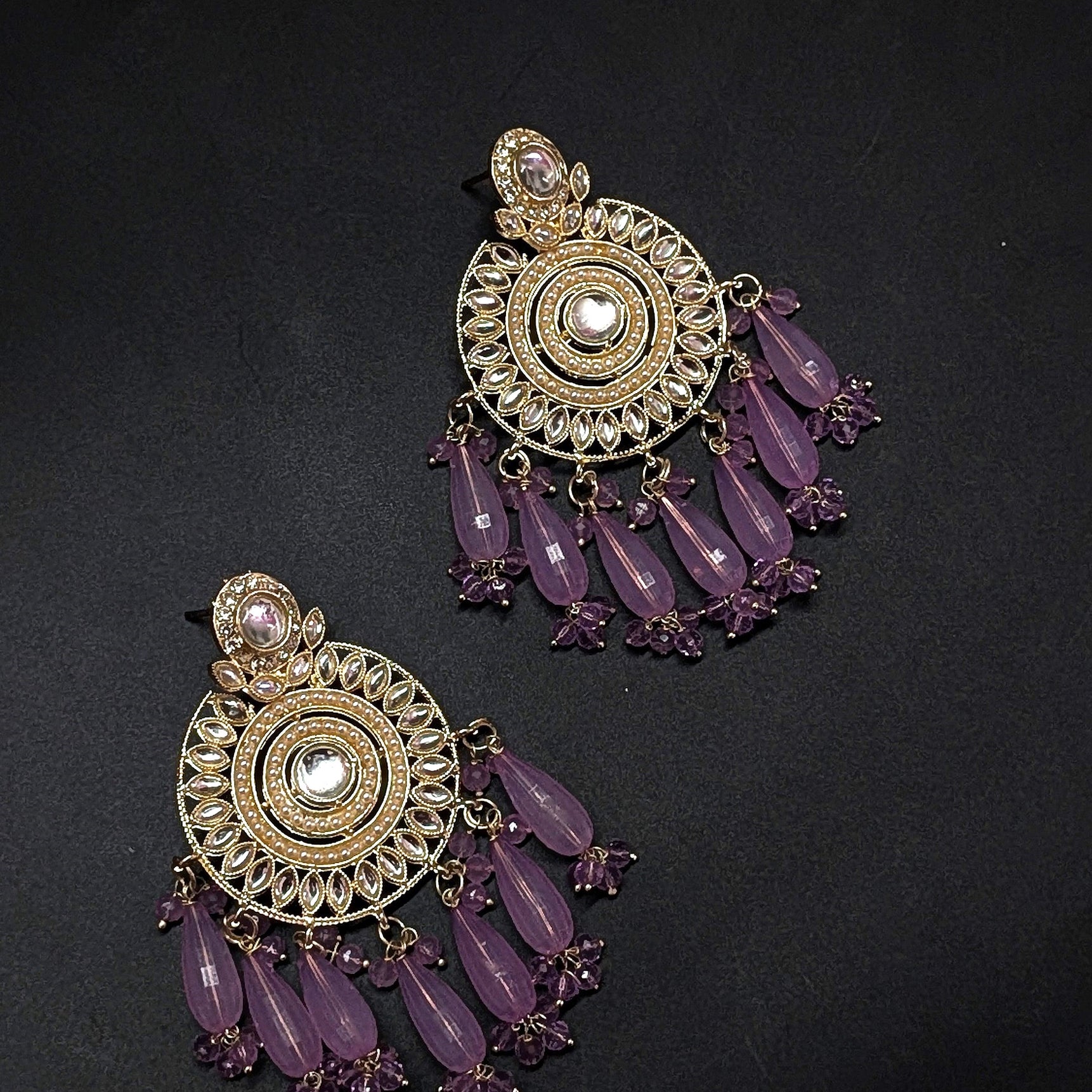 Kundan Round Long Pink Beads Jhumka Earrings