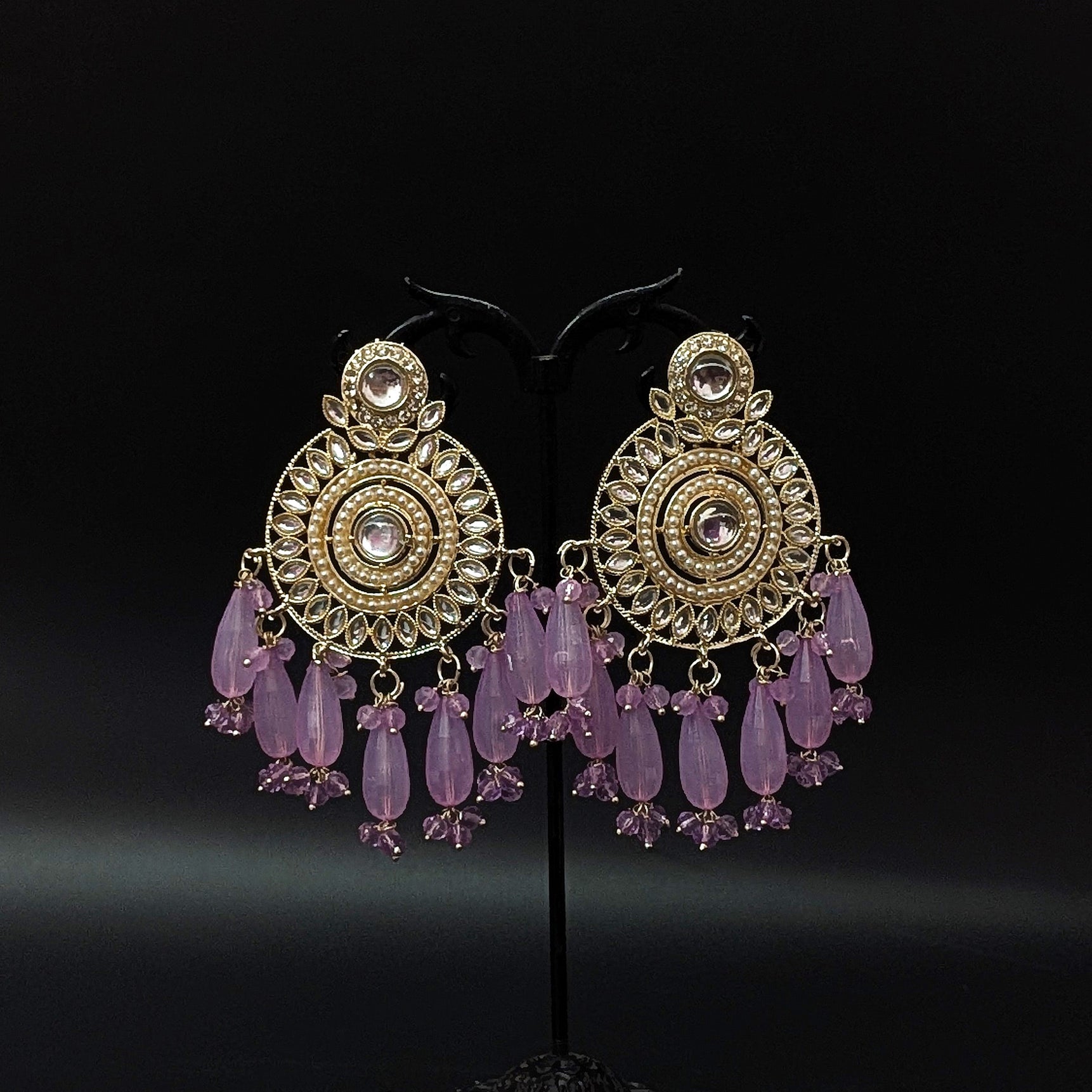 Kundan Round Long Pink Beads Jhumka Earrings
