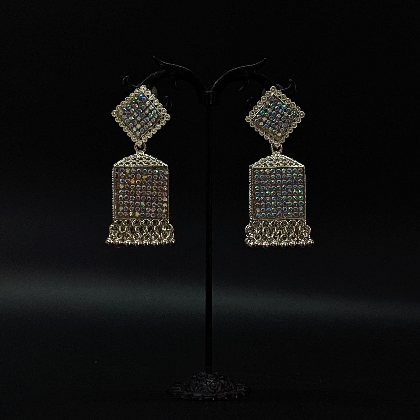 Oxidised Silver Sparkling Ethnic Dangler Earrings