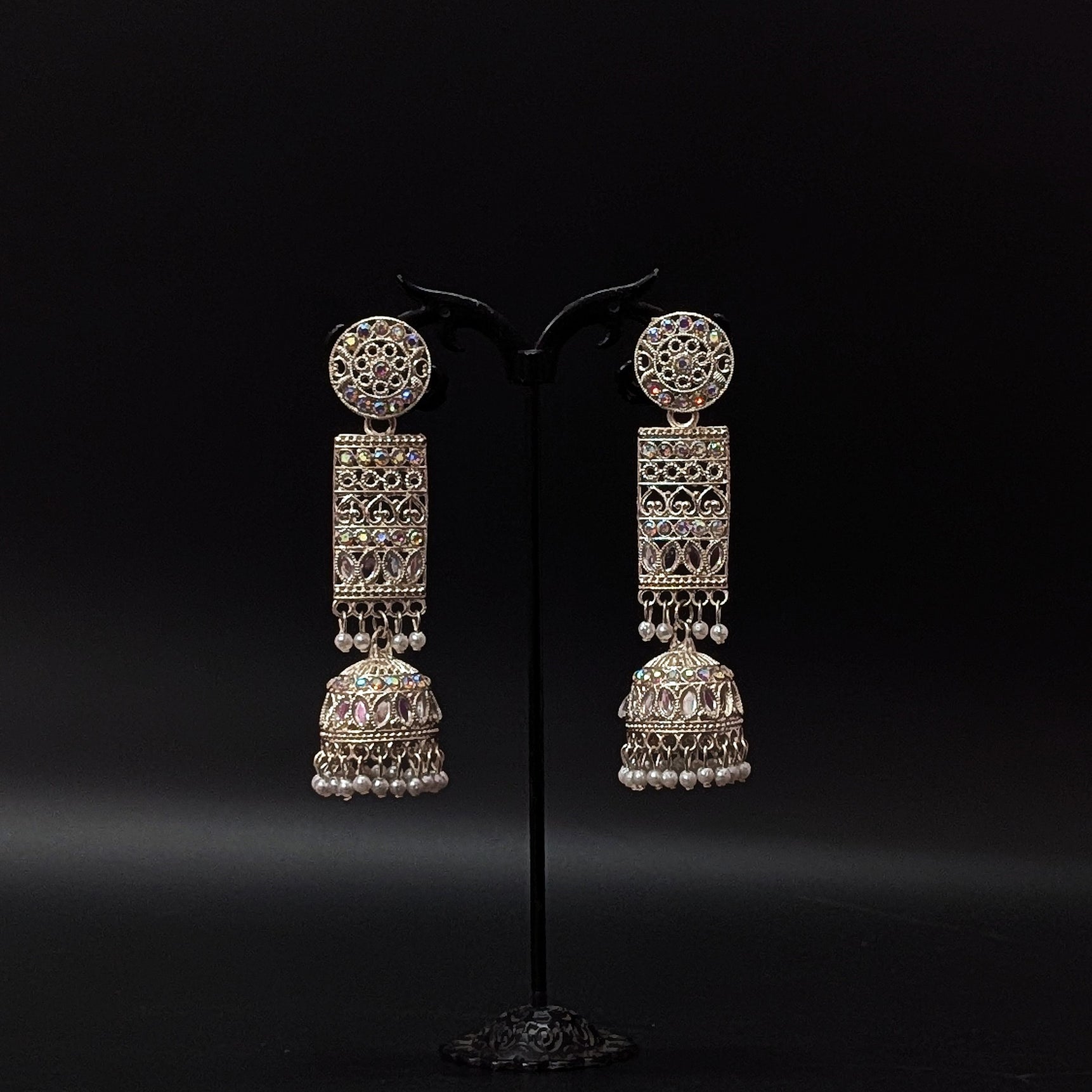 Oxidised Silver Ethnic Long  Sparkling Jhumka Earrings