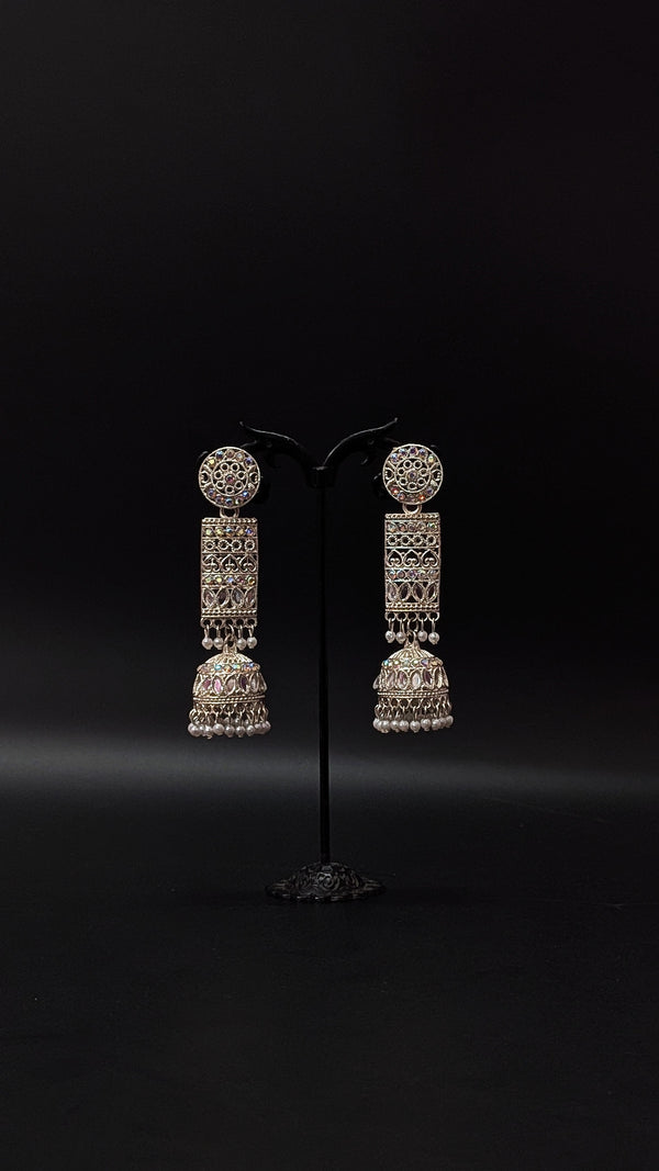 Oxidised Silver Ethnic LongSparkling Jhumka Earrings