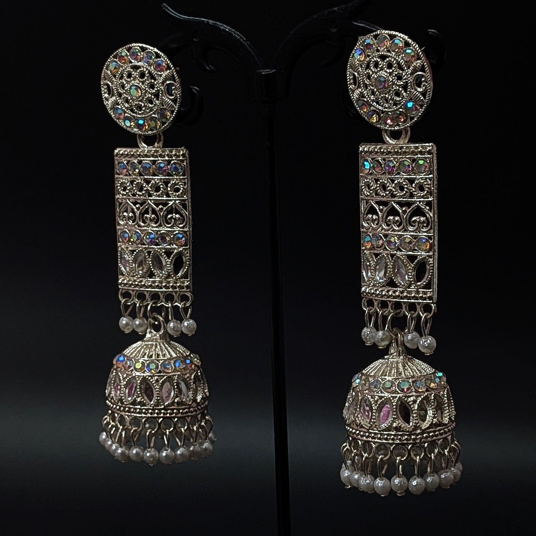 Oxidised Silver Ethnic Long  Sparkling Jhumka Earrings