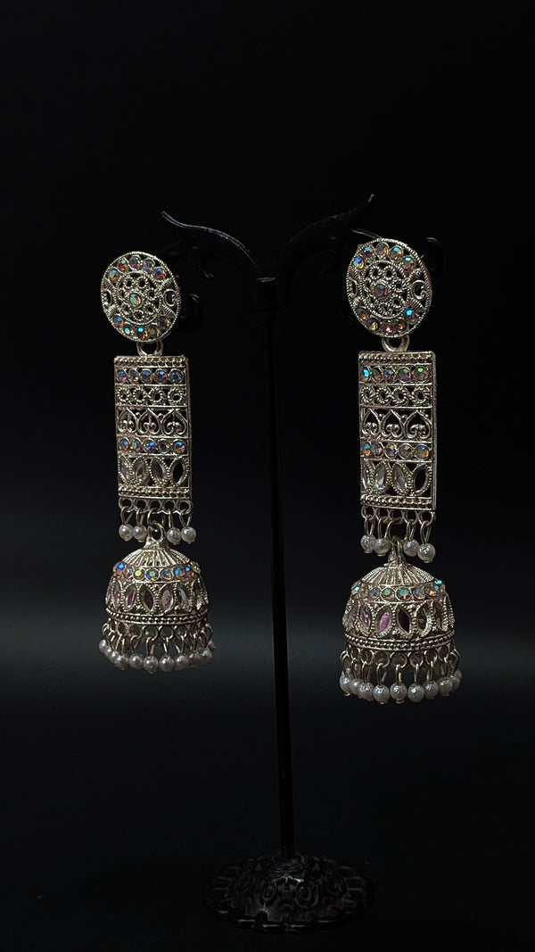 Oxidised Silver Ethnic LongSparkling Jhumka Earrings