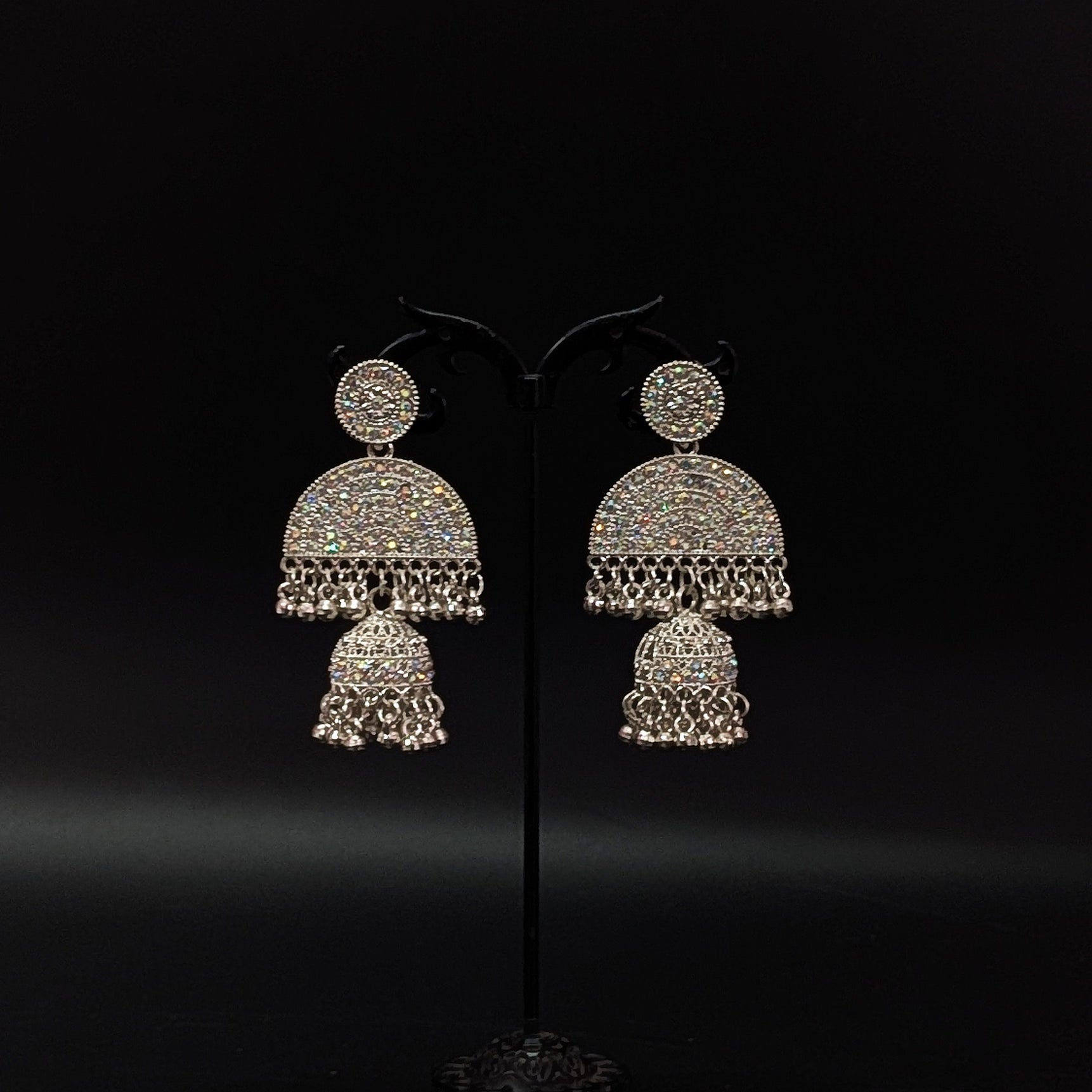 Oxidised Silver Sparkling Double Ethnic Jhumka