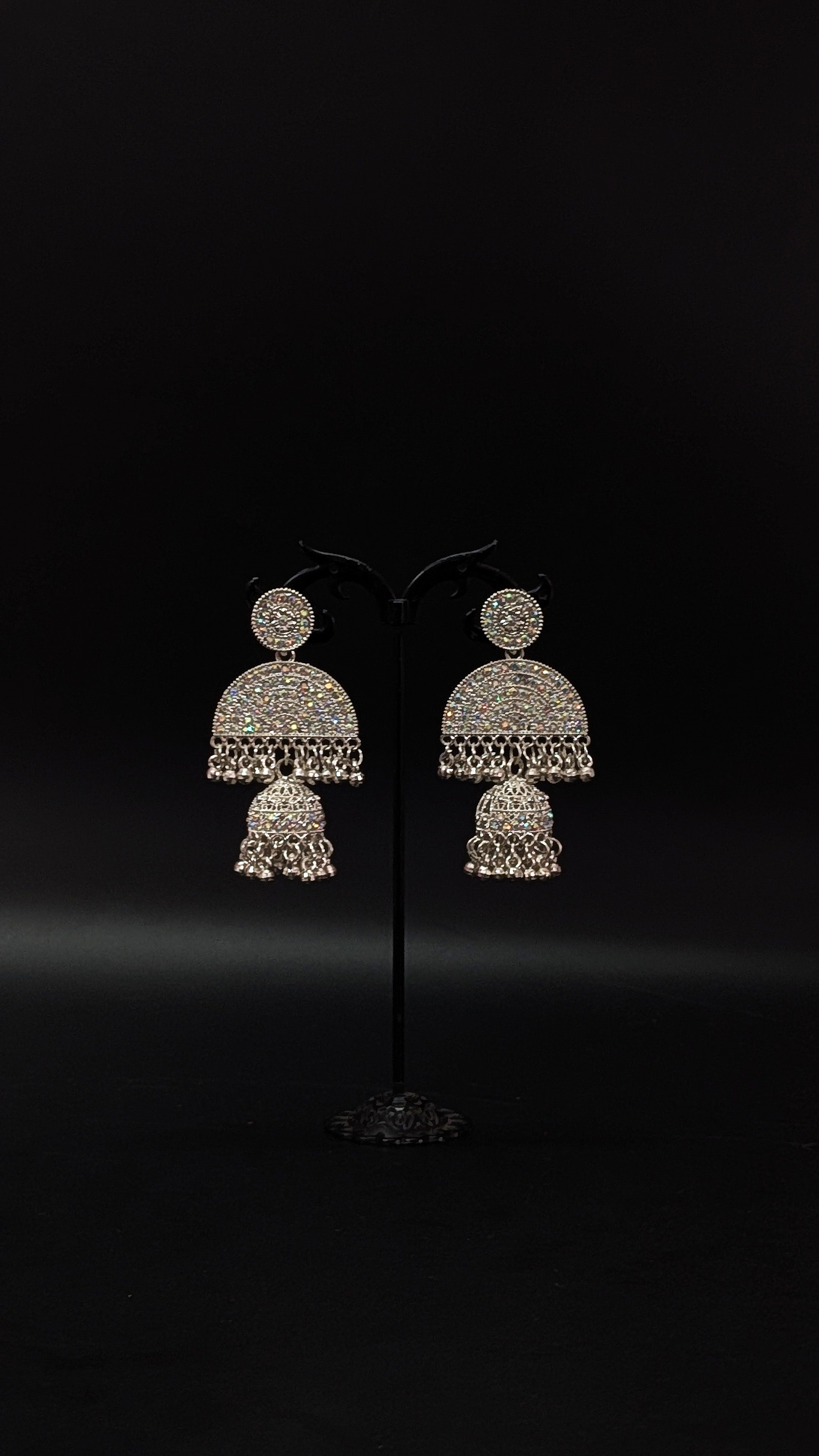 Oxidised Silver Sparkling Double Ethnic Jhumka