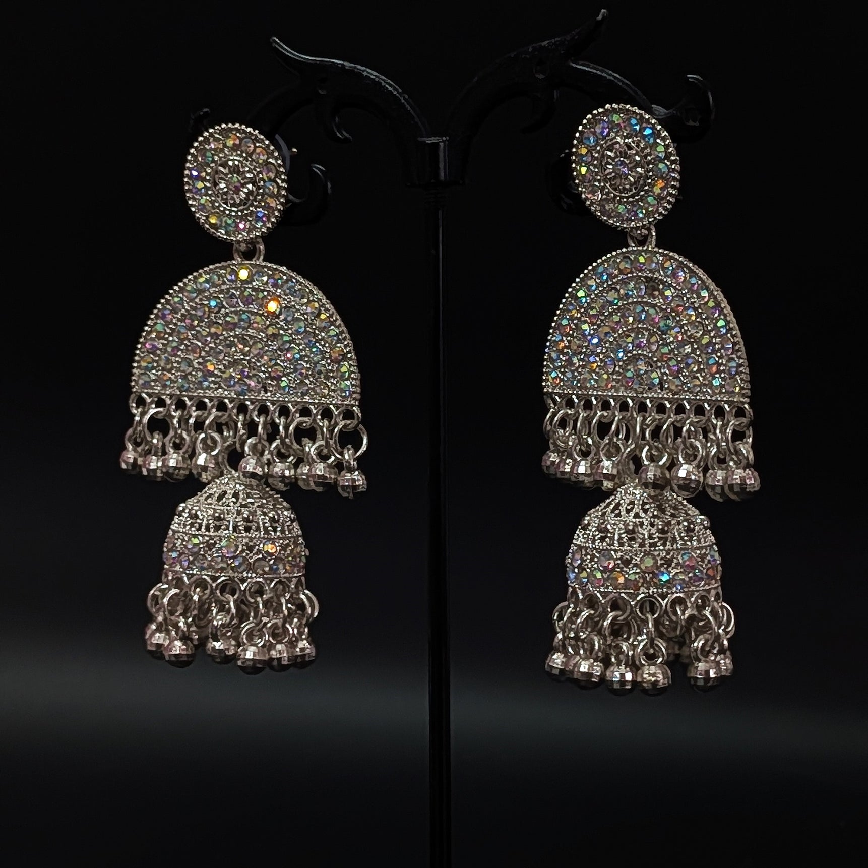 Oxidised Silver Sparkling Double Ethnic Jhumka